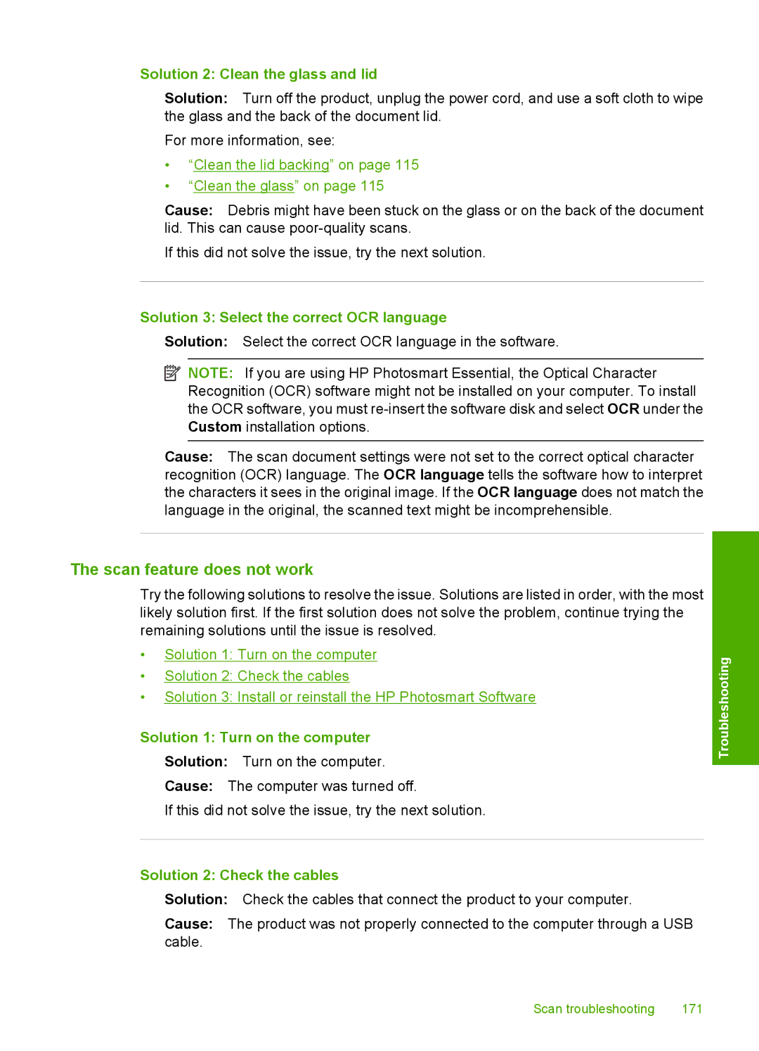 HP C5500 manual Scan feature does not work, Solution 2 Clean the glass and lid, Solution 3 Select the correct OCR language 