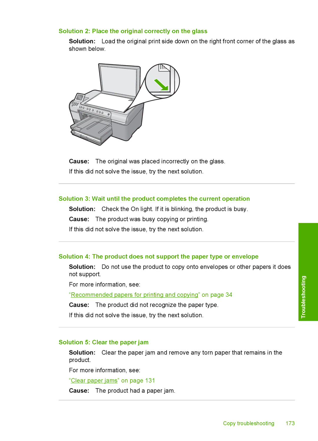 HP C5500 manual Solution 2 Place the original correctly on the glass, Solution 5 Clear the paper jam 