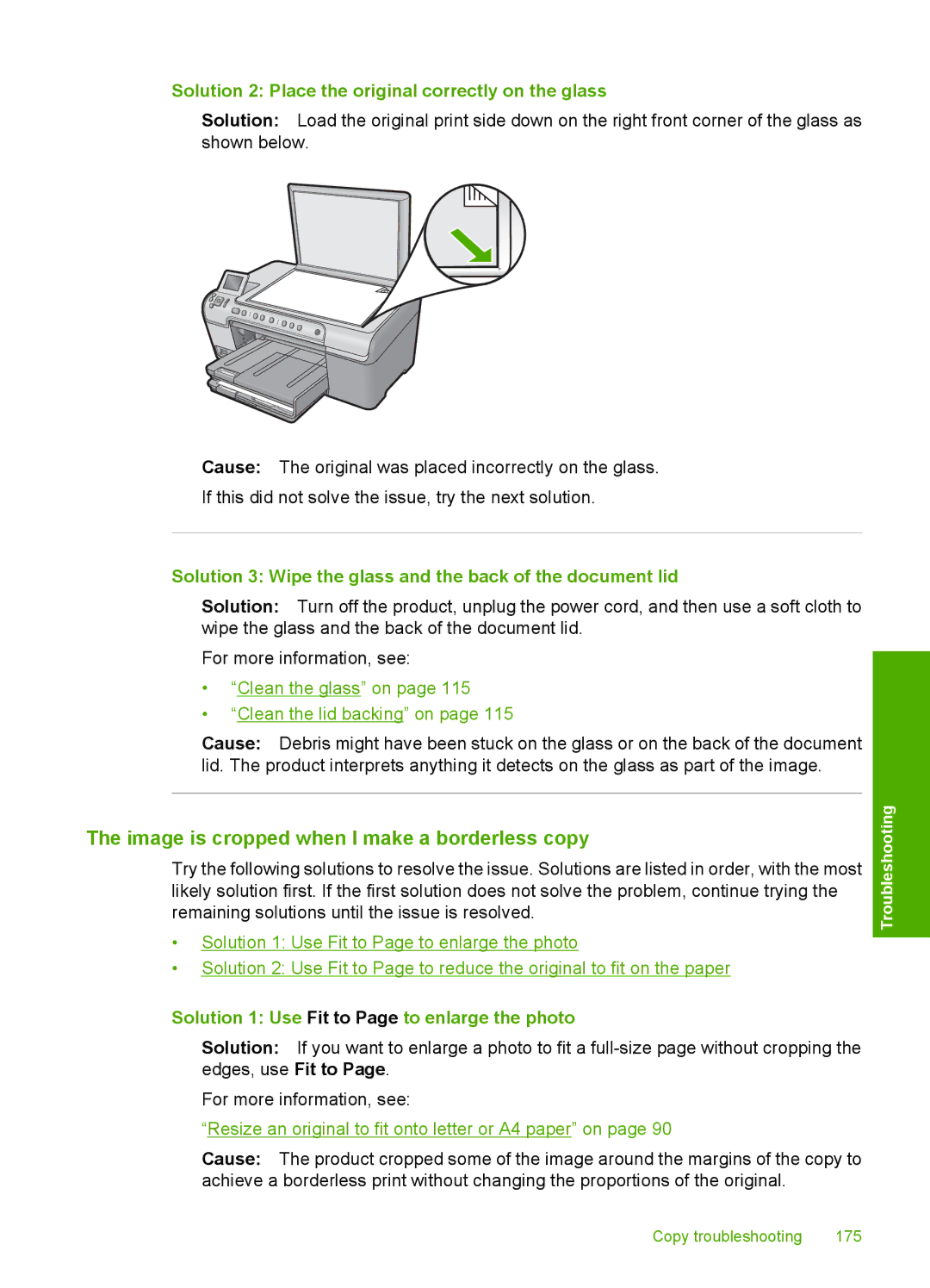 HP C5500 manual Image is cropped when I make a borderless copy, Solution 3 Wipe the glass and the back of the document lid 