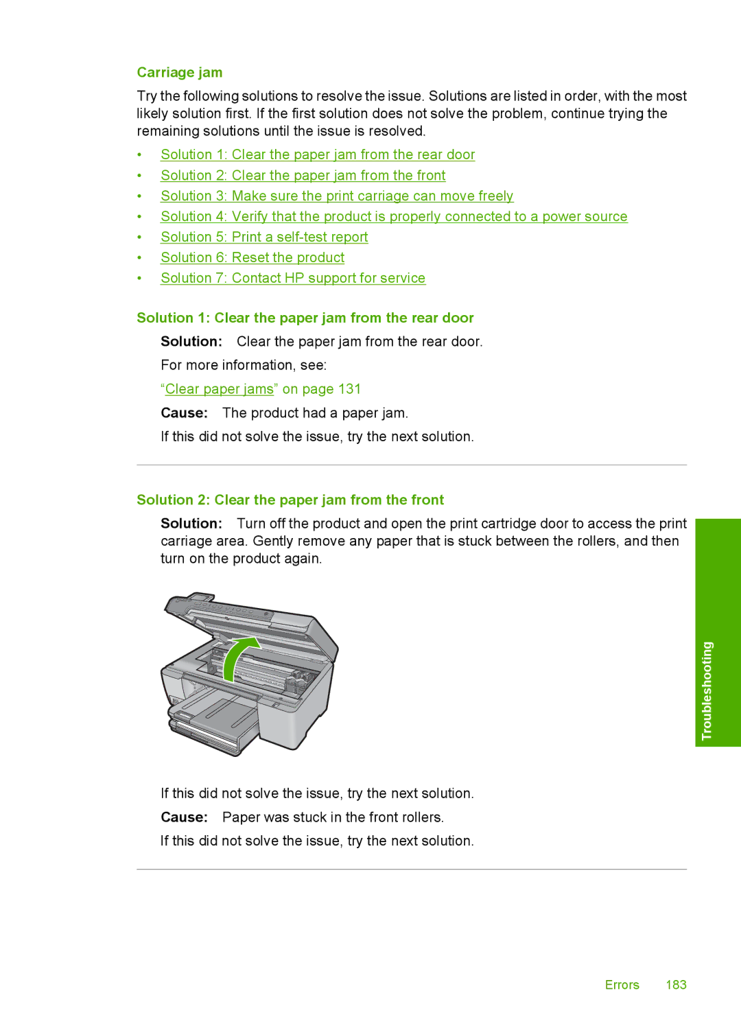 HP C5500 Carriage jam, Solution 1 Clear the paper jam from the rear door, Solution 2 Clear the paper jam from the front 