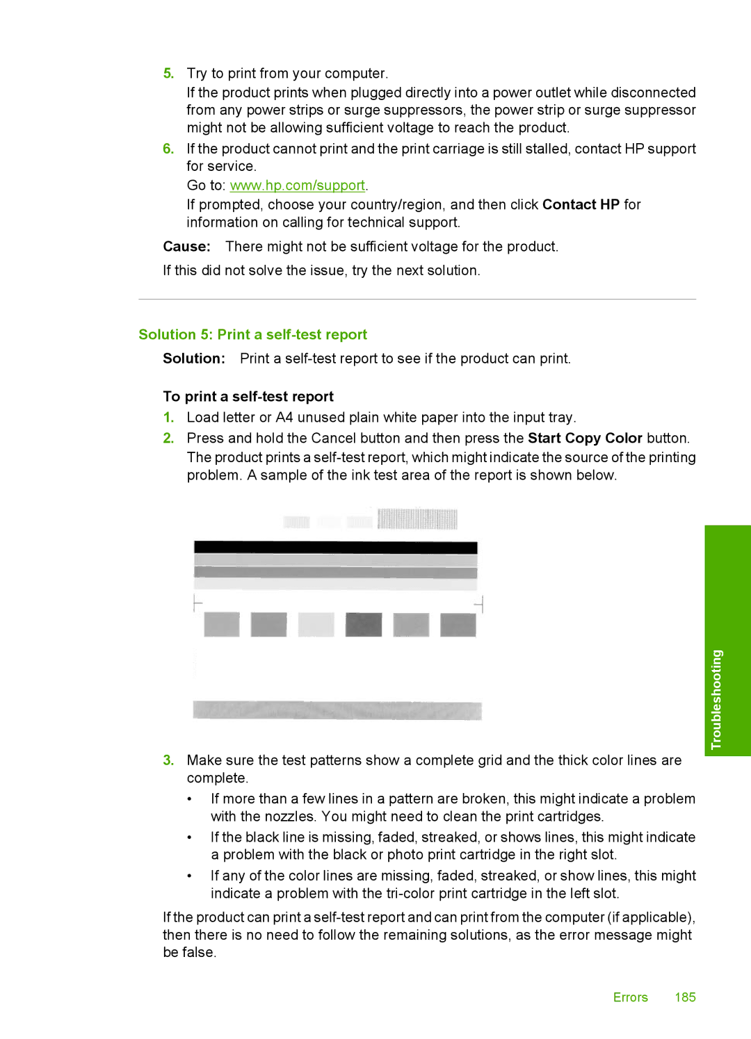 HP C5500 manual Solution 5 Print a self-test report, To print a self-test report 