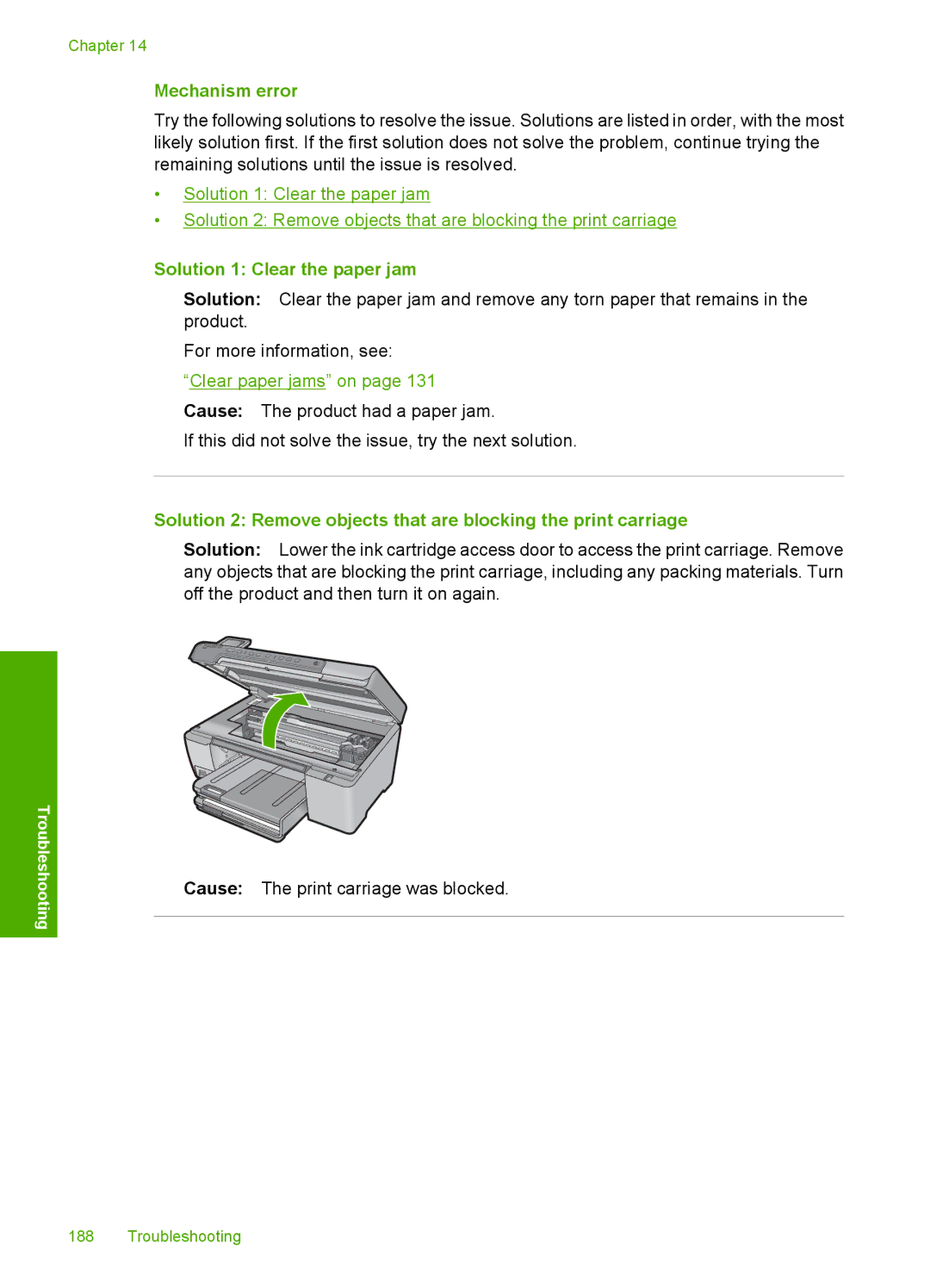 HP C5500 manual Mechanism error, Solution 1 Clear the paper jam 