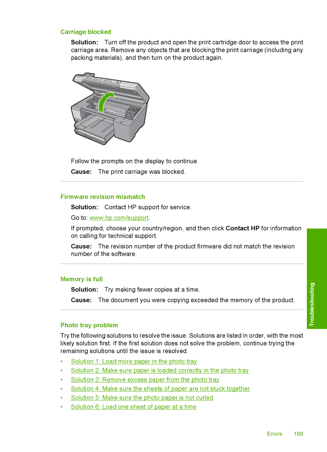 HP C5500 manual Carriage blocked, Firmware revision mismatch, Memory is full, Photo tray problem 