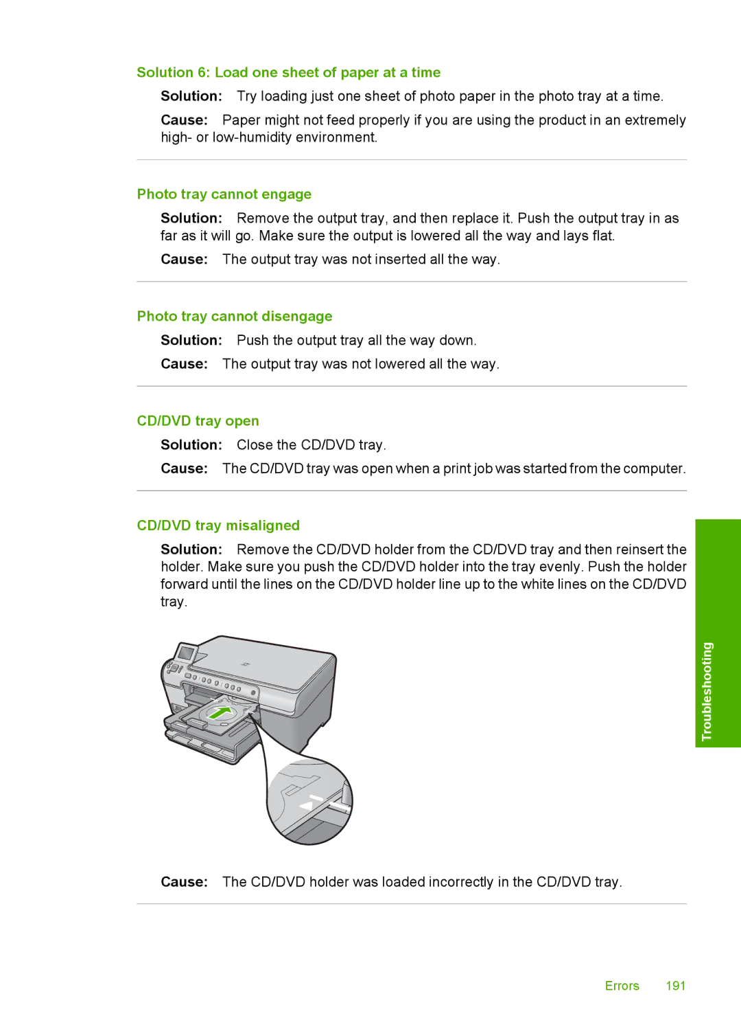 HP C5500 manual Solution 6 Load one sheet of paper at a time, Photo tray cannot engage, Photo tray cannot disengage 