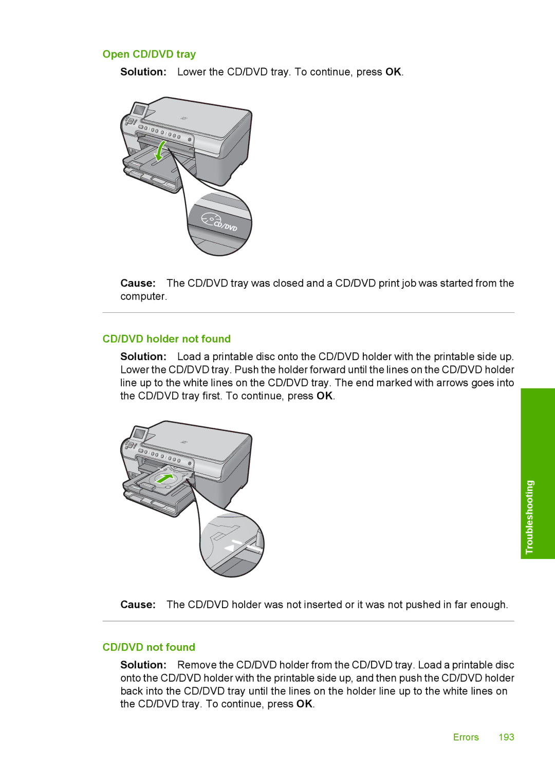 HP C5500 manual Open CD/DVD tray, CD/DVD holder not found, CD/DVD not found 