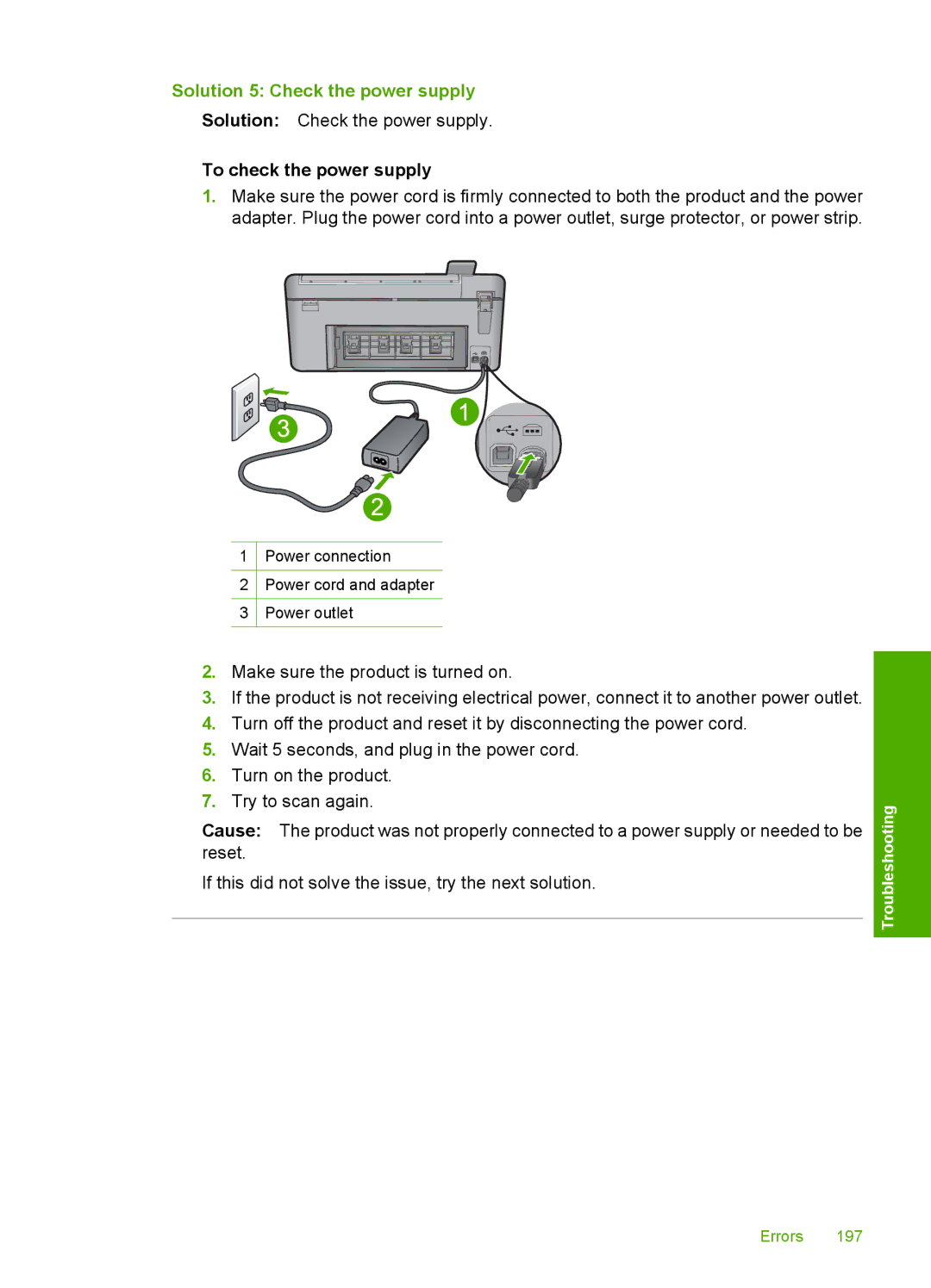 HP C5500 manual Solution 5 Check the power supply, To check the power supply 