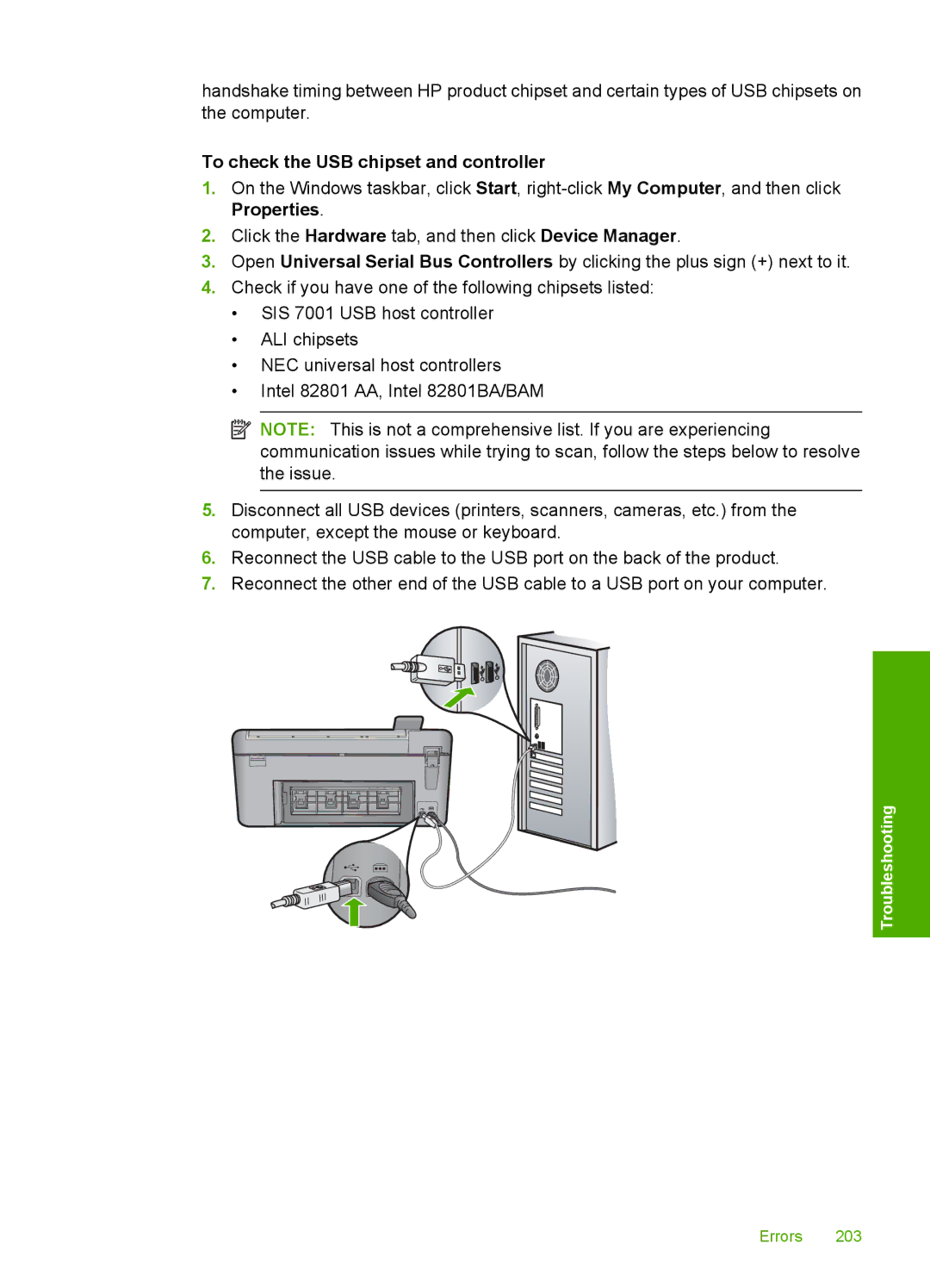 HP C5500 manual To check the USB chipset and controller 