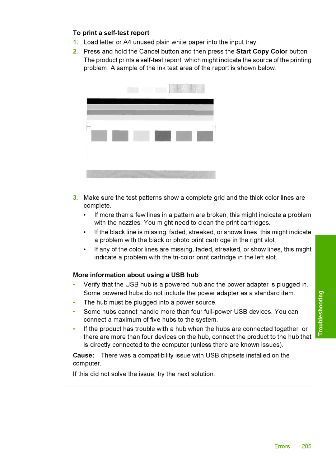 HP C5500 manual To print a self-test report, More information about using a USB hub 