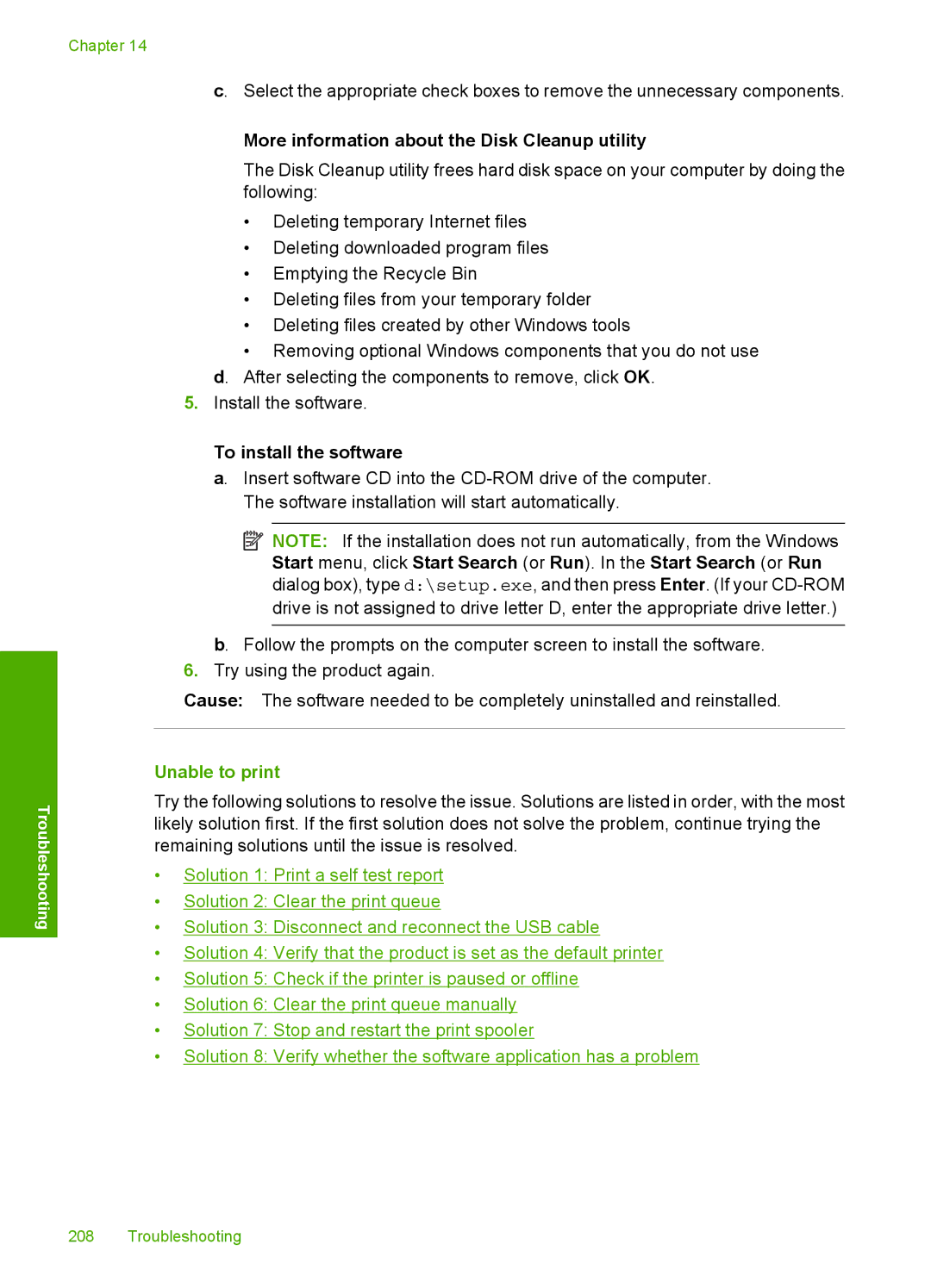 HP C5500 manual More information about the Disk Cleanup utility, Unable to print 