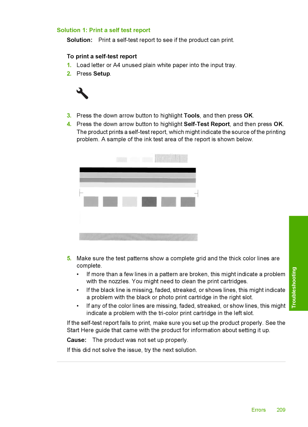 HP C5500 manual Solution 1 Print a self test report, To print a self-test report 