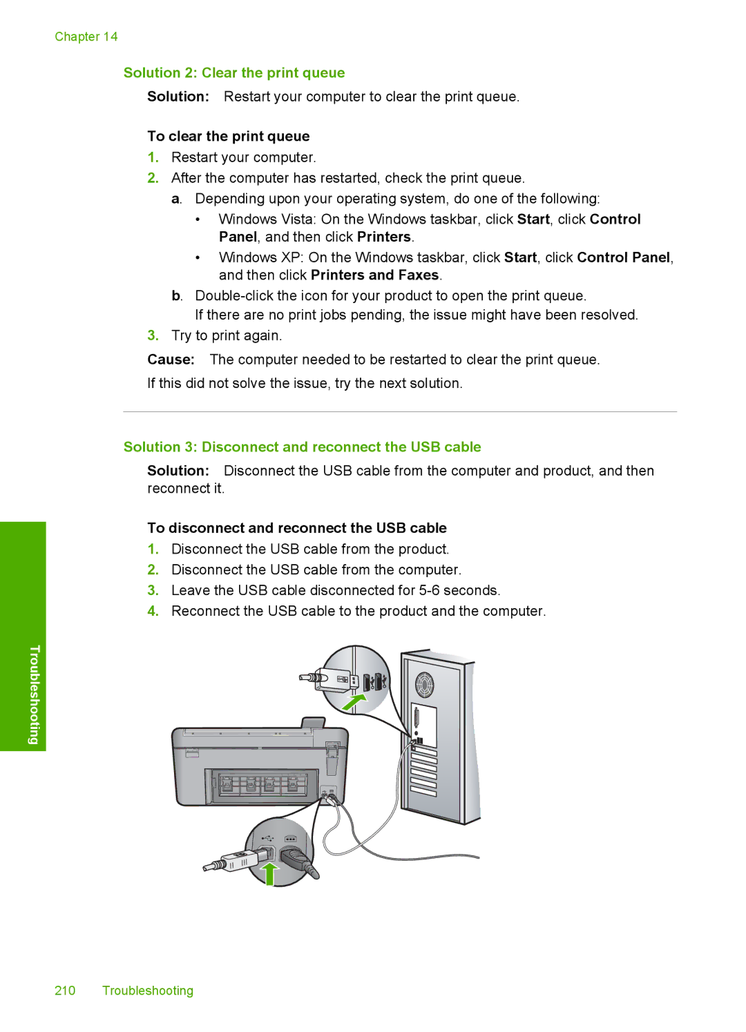 HP C5500 Solution 2 Clear the print queue, To clear the print queue, Solution 3 Disconnect and reconnect the USB cable 