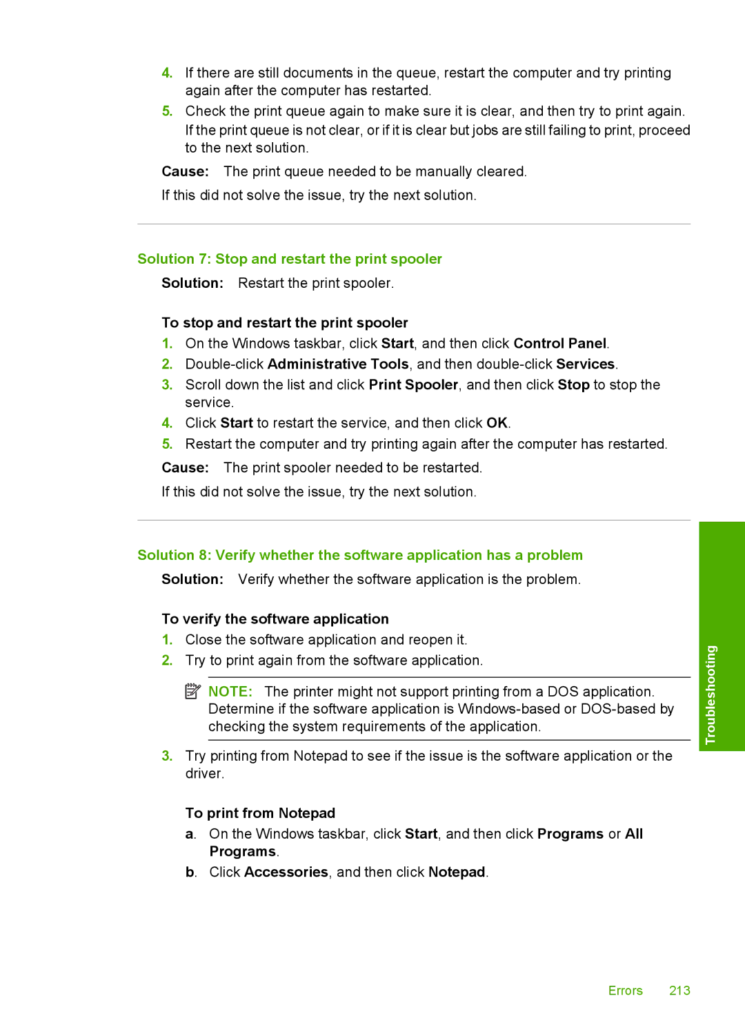 HP C5500 manual Solution 7 Stop and restart the print spooler, To stop and restart the print spooler, To print from Notepad 