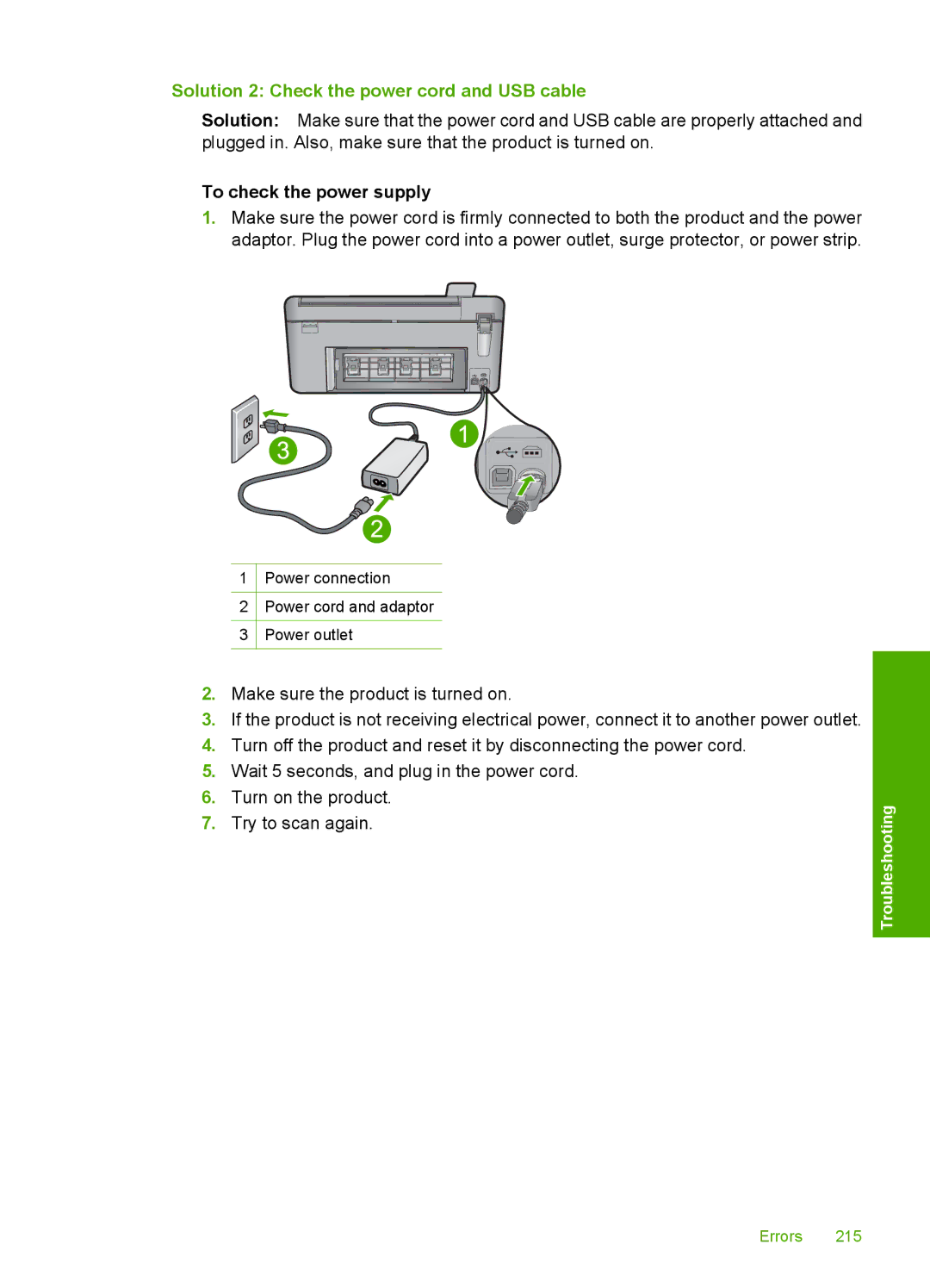 HP C5500 manual Solution 2 Check the power cord and USB cable, To check the power supply 