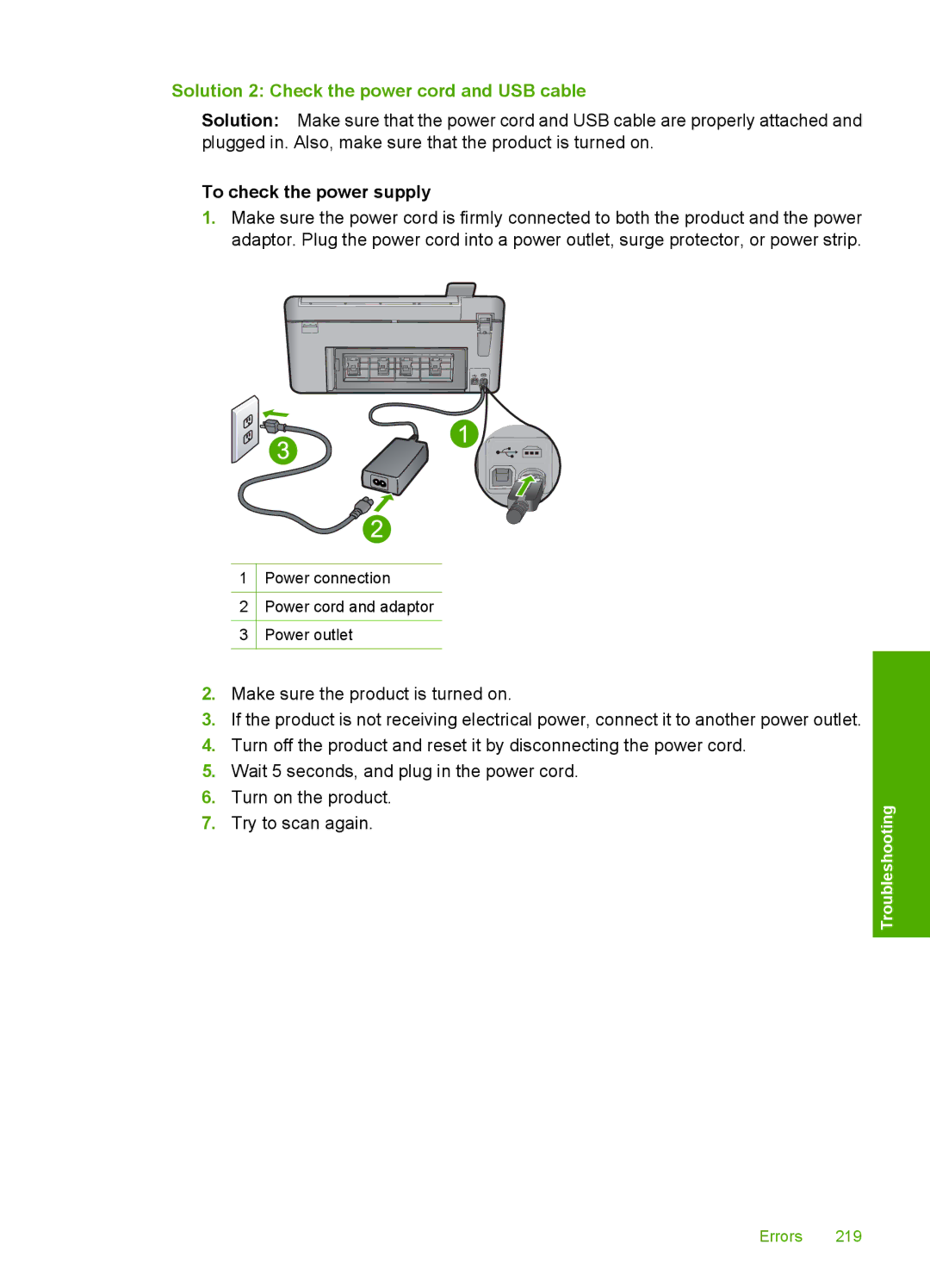 HP C5500 manual Solution 2 Check the power cord and USB cable 