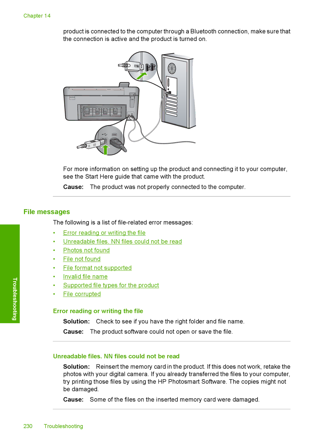 HP C5500 manual File messages, Error reading or writing the file, Unreadable files. NN files could not be read 