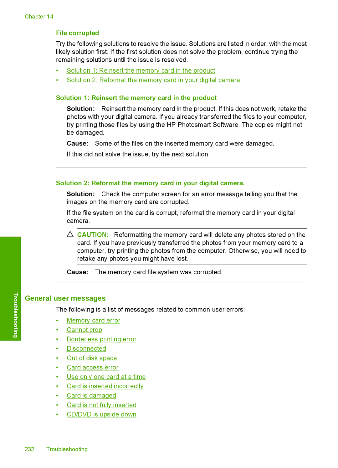 HP C5500 manual General user messages, File corrupted, Solution 1 Reinsert the memory card in the product 