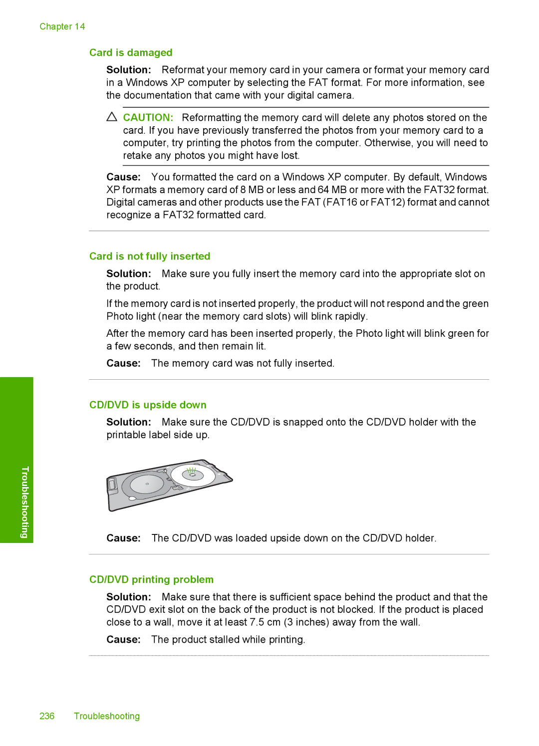 HP C5500 manual Card is damaged, Card is not fully inserted, CD/DVD is upside down, CD/DVD printing problem 