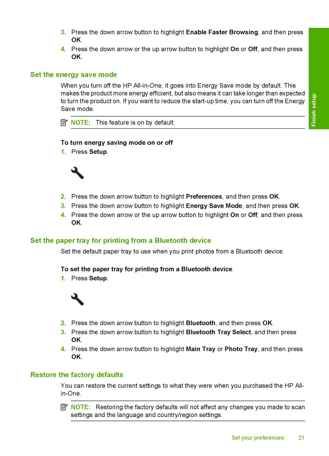 HP C5500 Set the energy save mode, Set the paper tray for printing from a Bluetooth device, Restore the factory defaults 