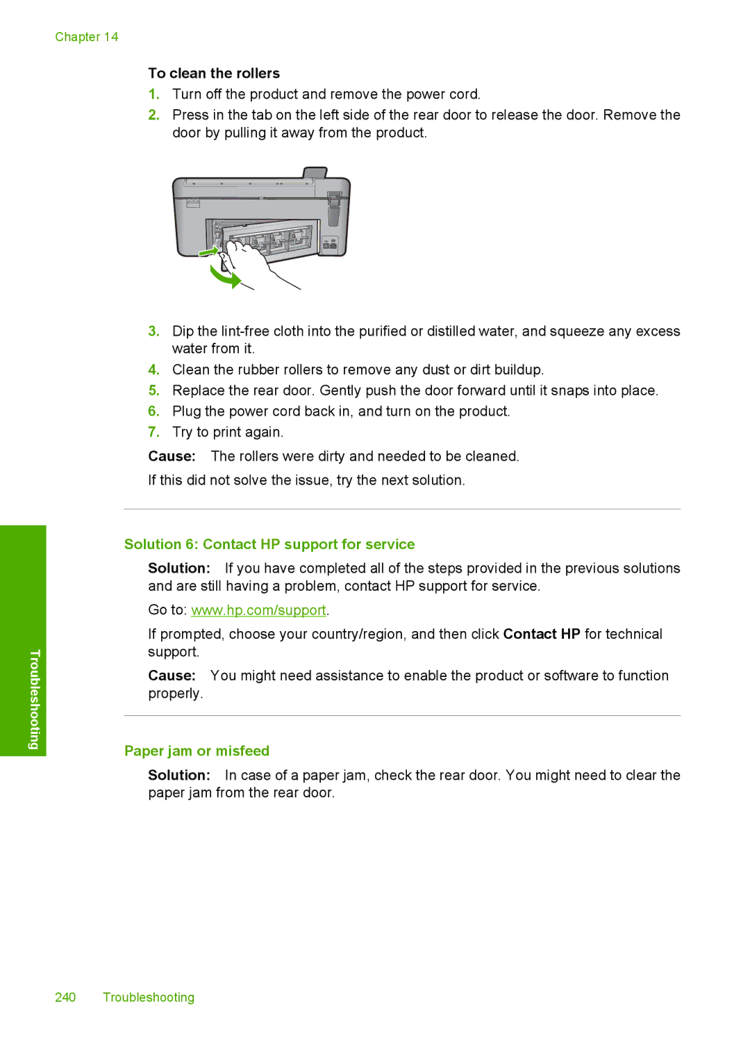 HP C5500 manual To clean the rollers, Paper jam or misfeed 