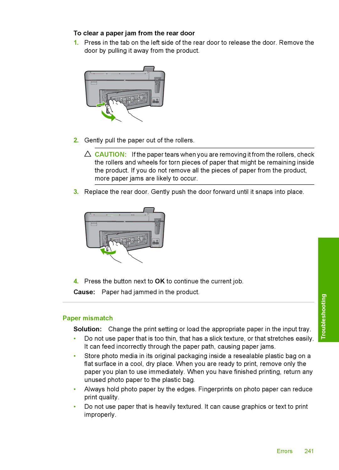 HP C5500 manual To clear a paper jam from the rear door, Paper mismatch 