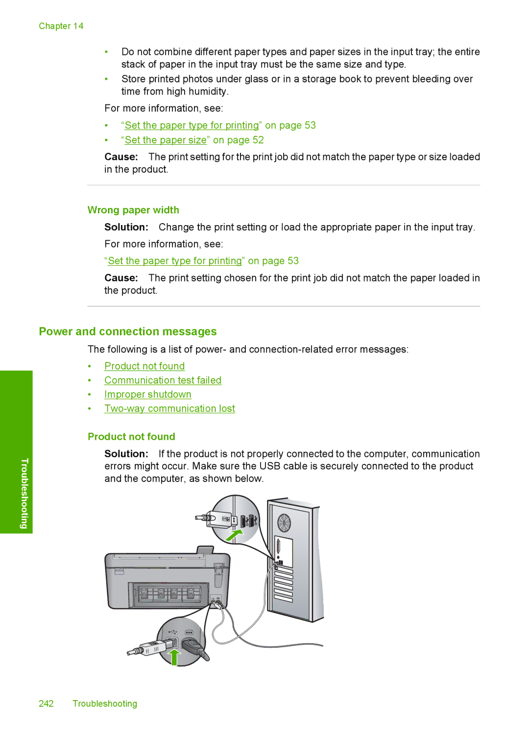 HP C5500 manual Power and connection messages, Wrong paper width, Product not found 