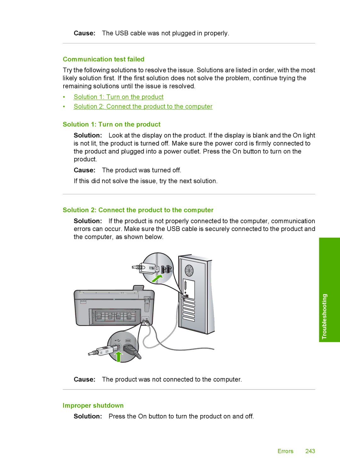 HP C5500 manual Communication test failed, Solution 2 Connect the product to the computer, Improper shutdown 