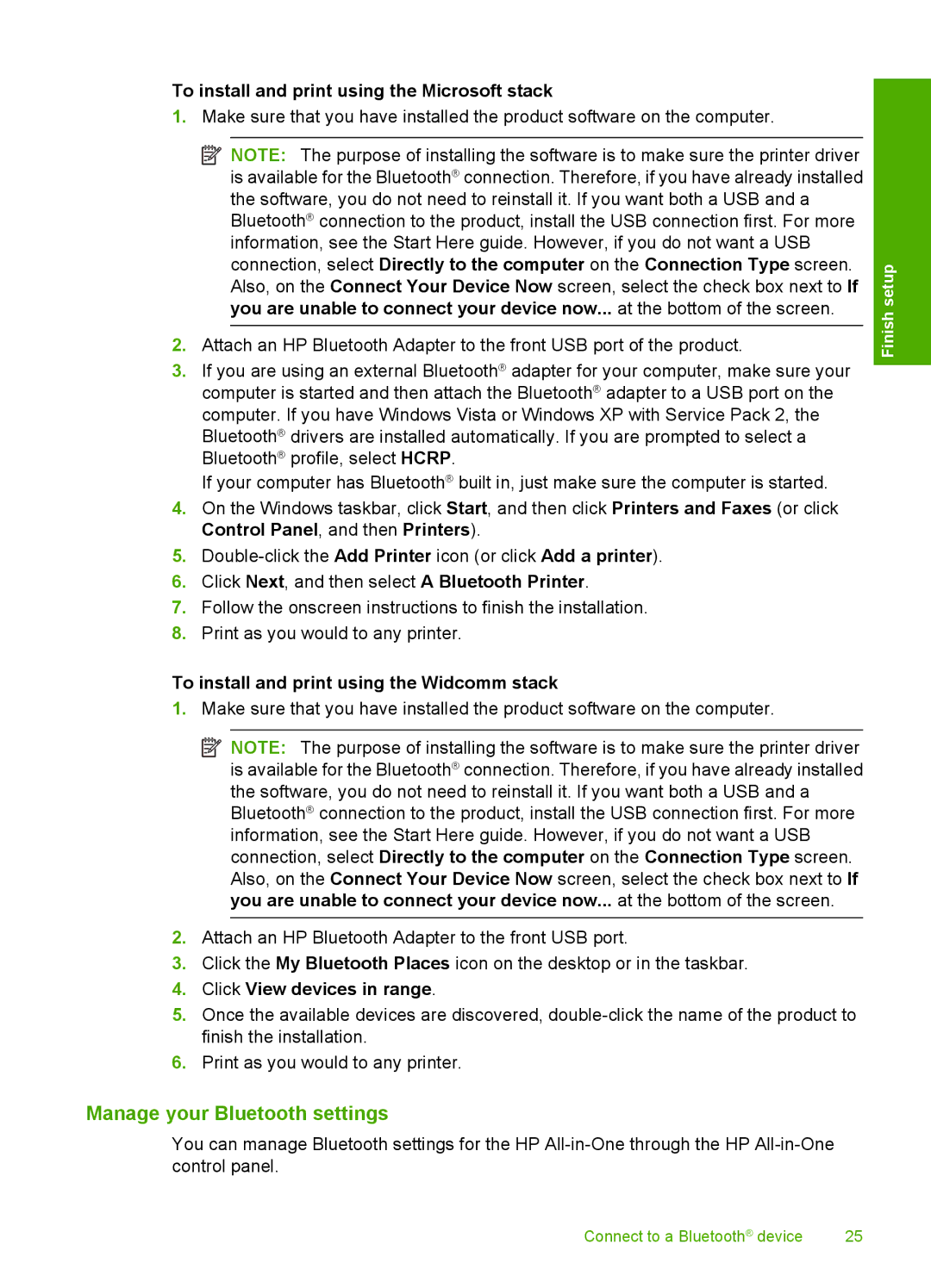 HP C5500 manual Manage your Bluetooth settings, To install and print using the Microsoft stack, Click View devices in range 