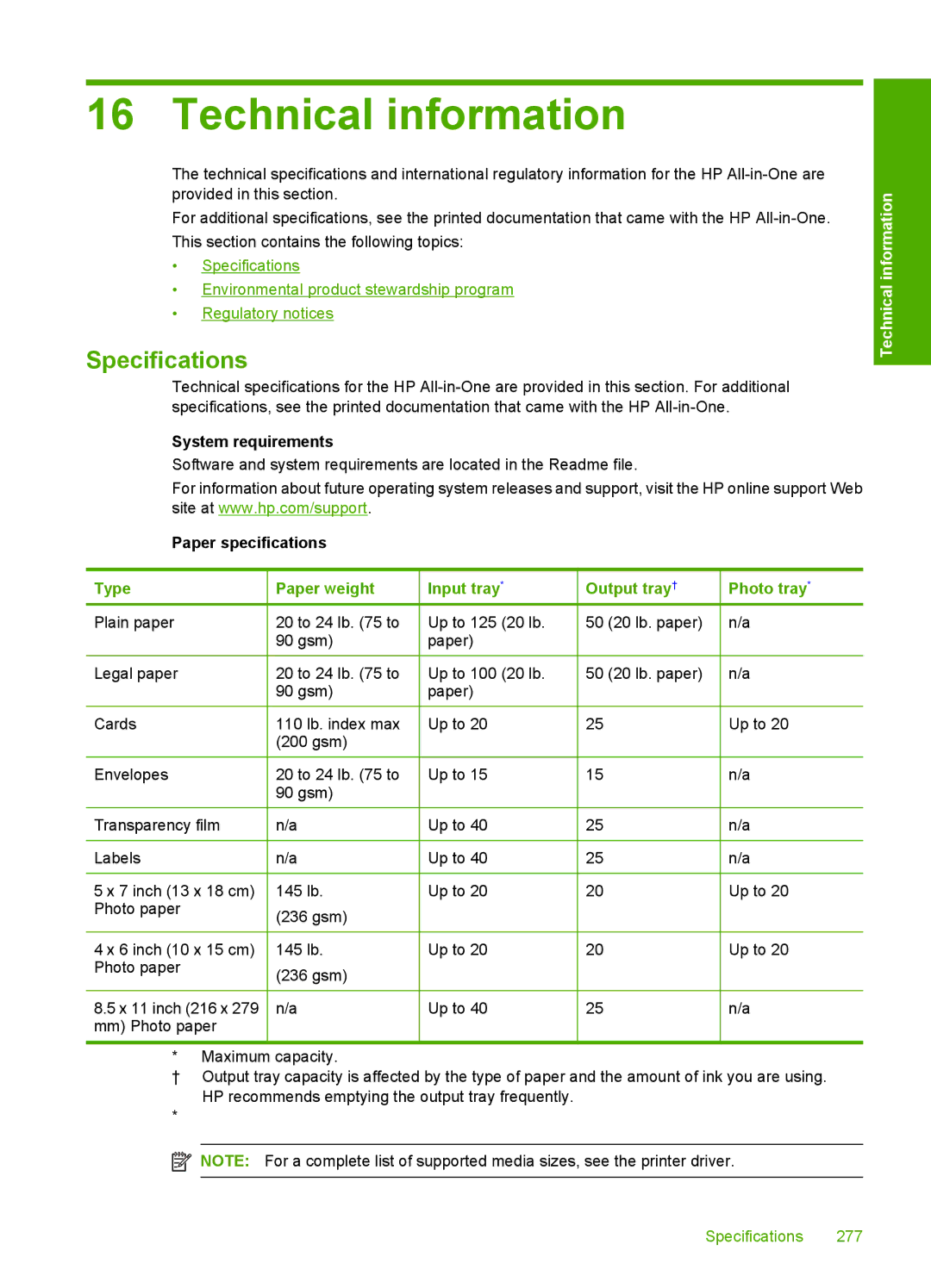 HP C5500 manual Technical information, Specifications 