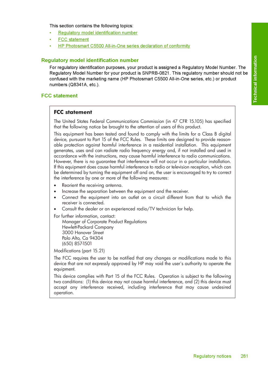 HP C5500 manual Regulatory model identification number, FCC statement 