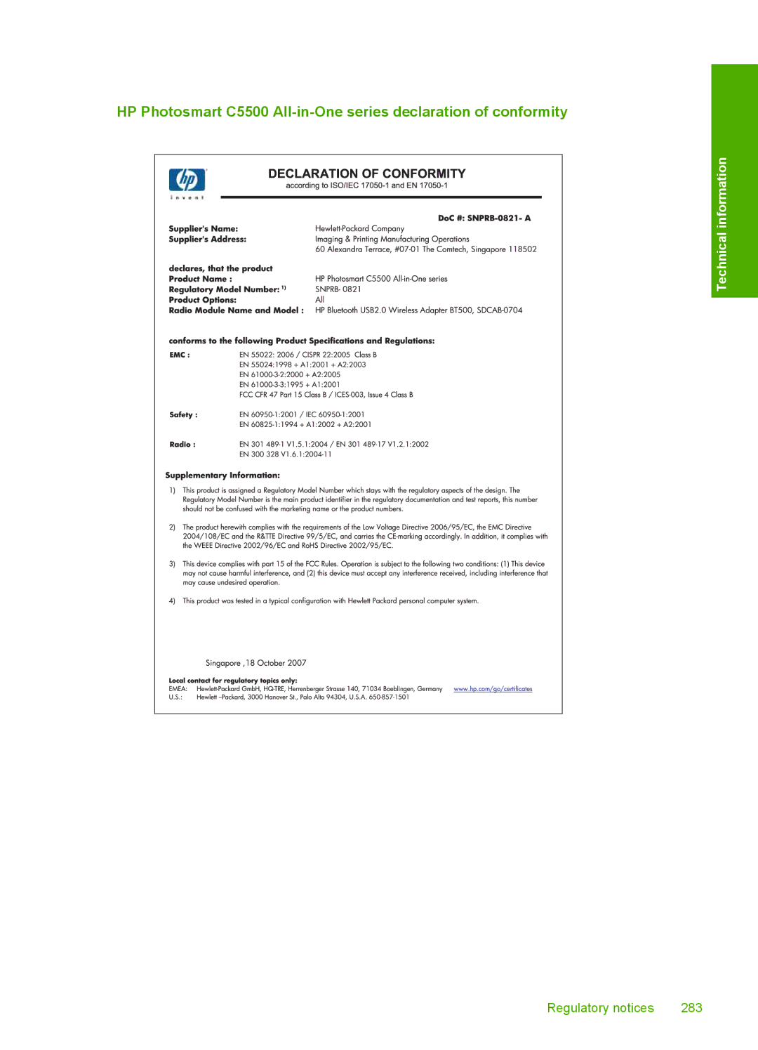 HP C5500 manual Regulatory notices 283 