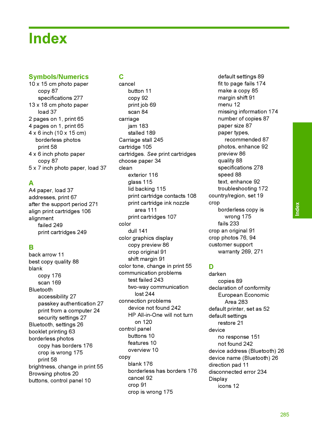 HP C5500 manual Index, Symbols/Numerics 