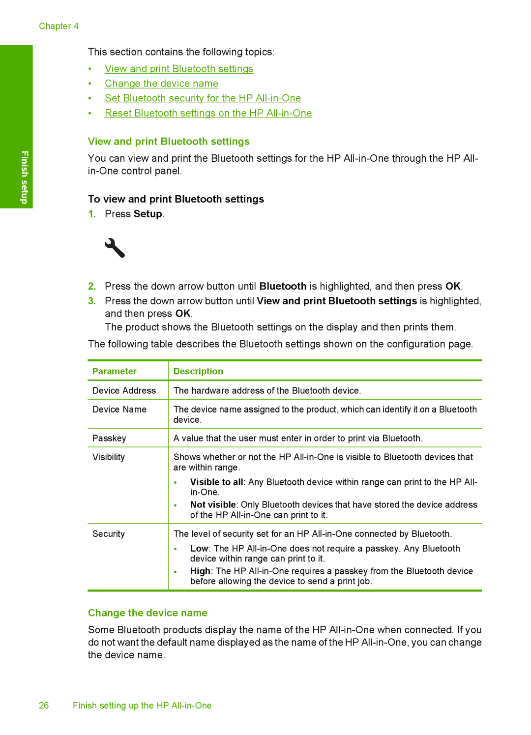 HP C5500 manual View and print Bluetooth settings, To view and print Bluetooth settings, Change the device name 