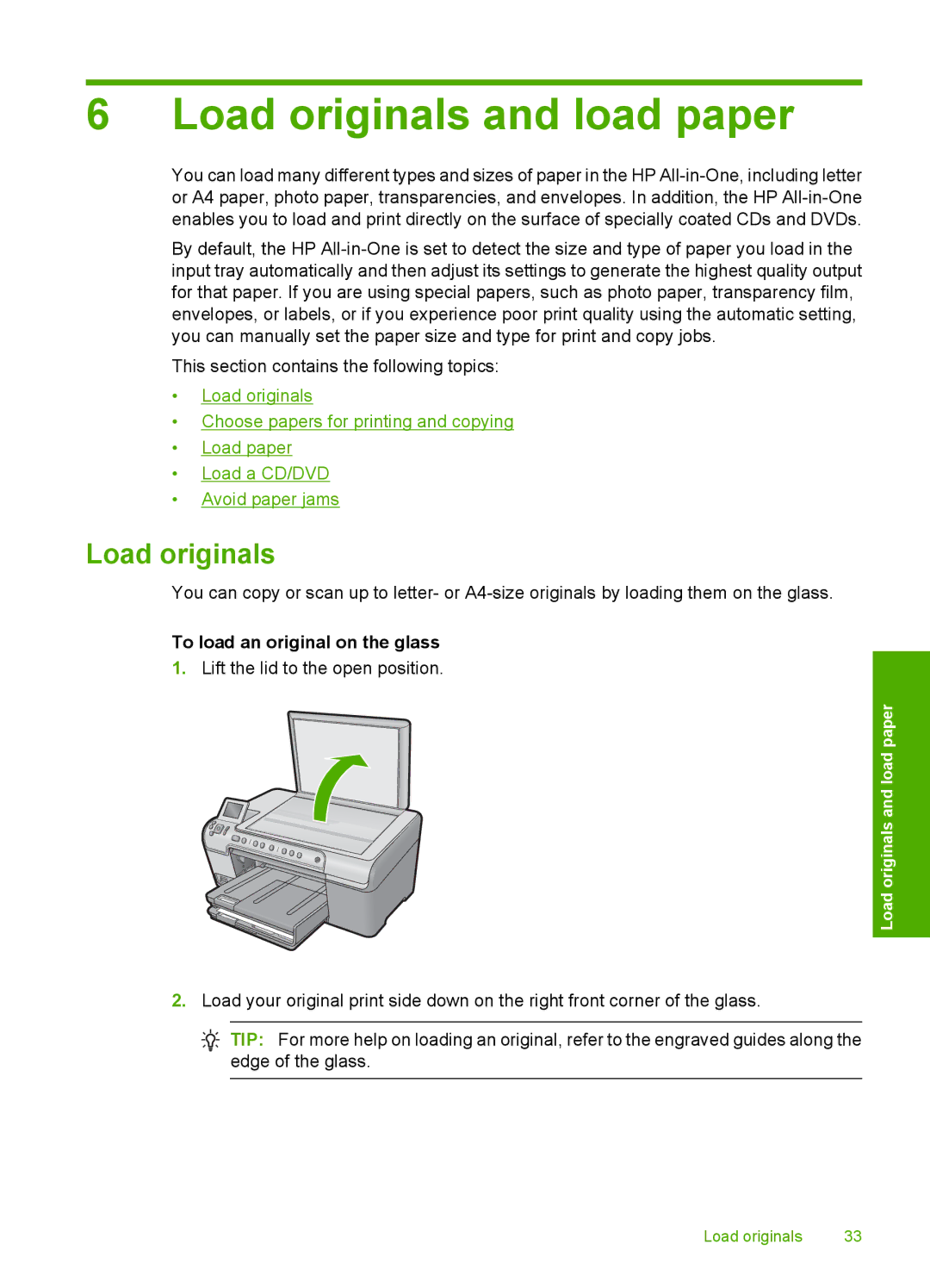 HP C5500 manual Load originals and load paper, To load an original on the glass 