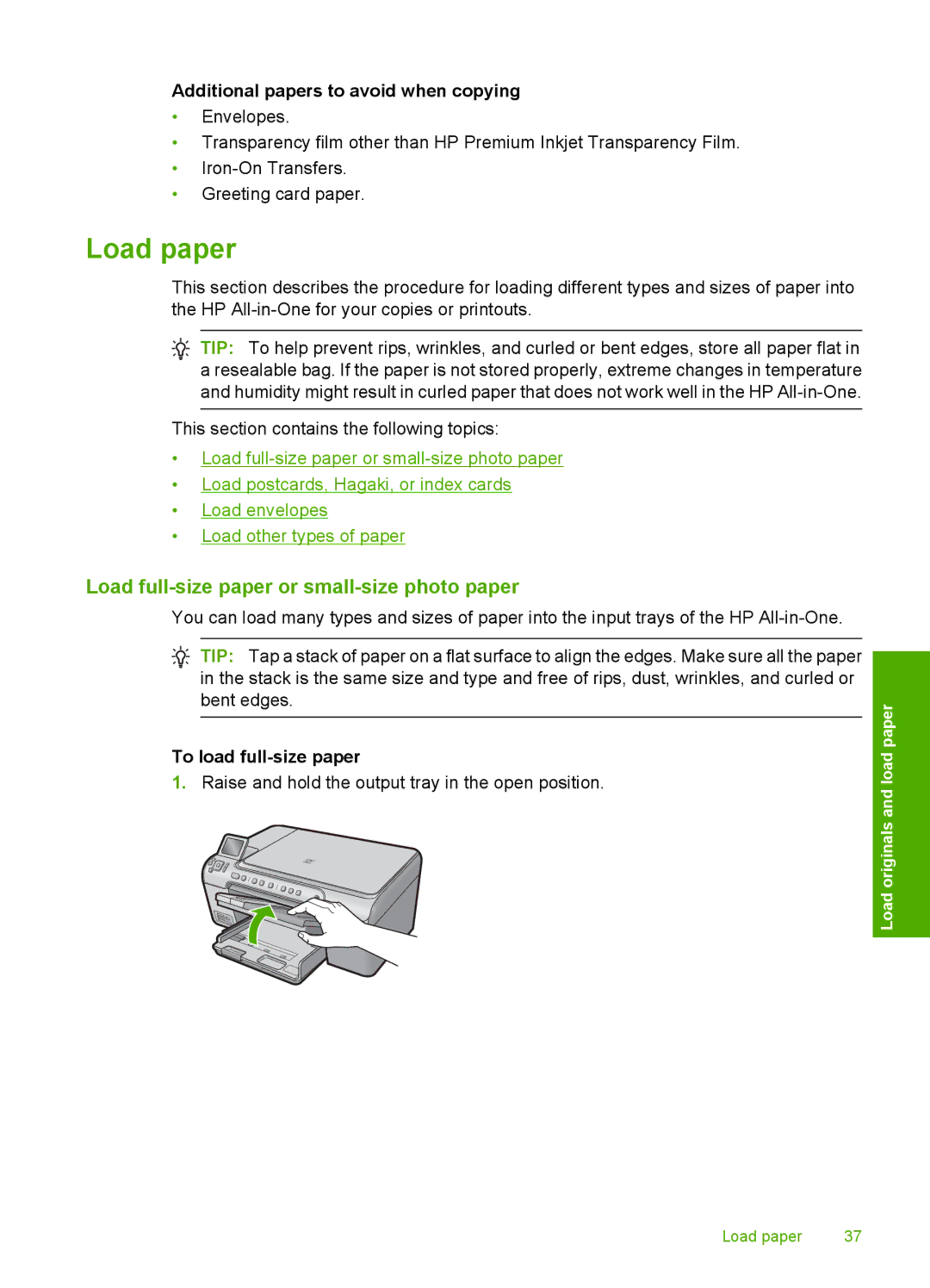 HP C5500 manual Load paper, Load full-size paper or small-size photo paper, Additional papers to avoid when copying 