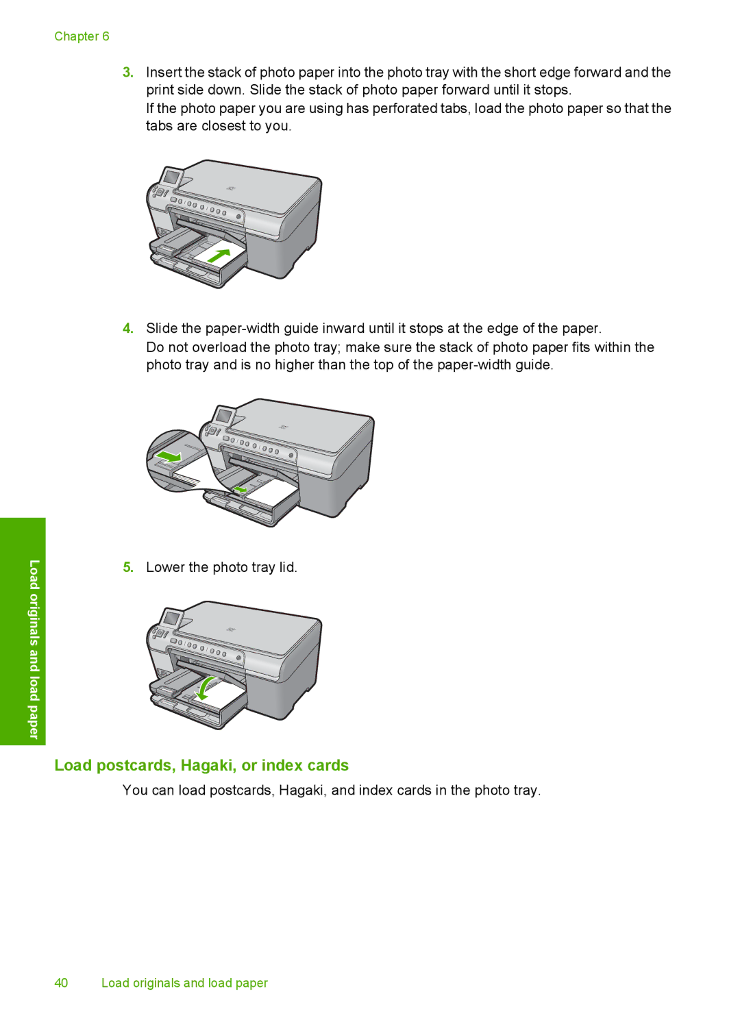 HP C5500 manual Load postcards, Hagaki, or index cards 