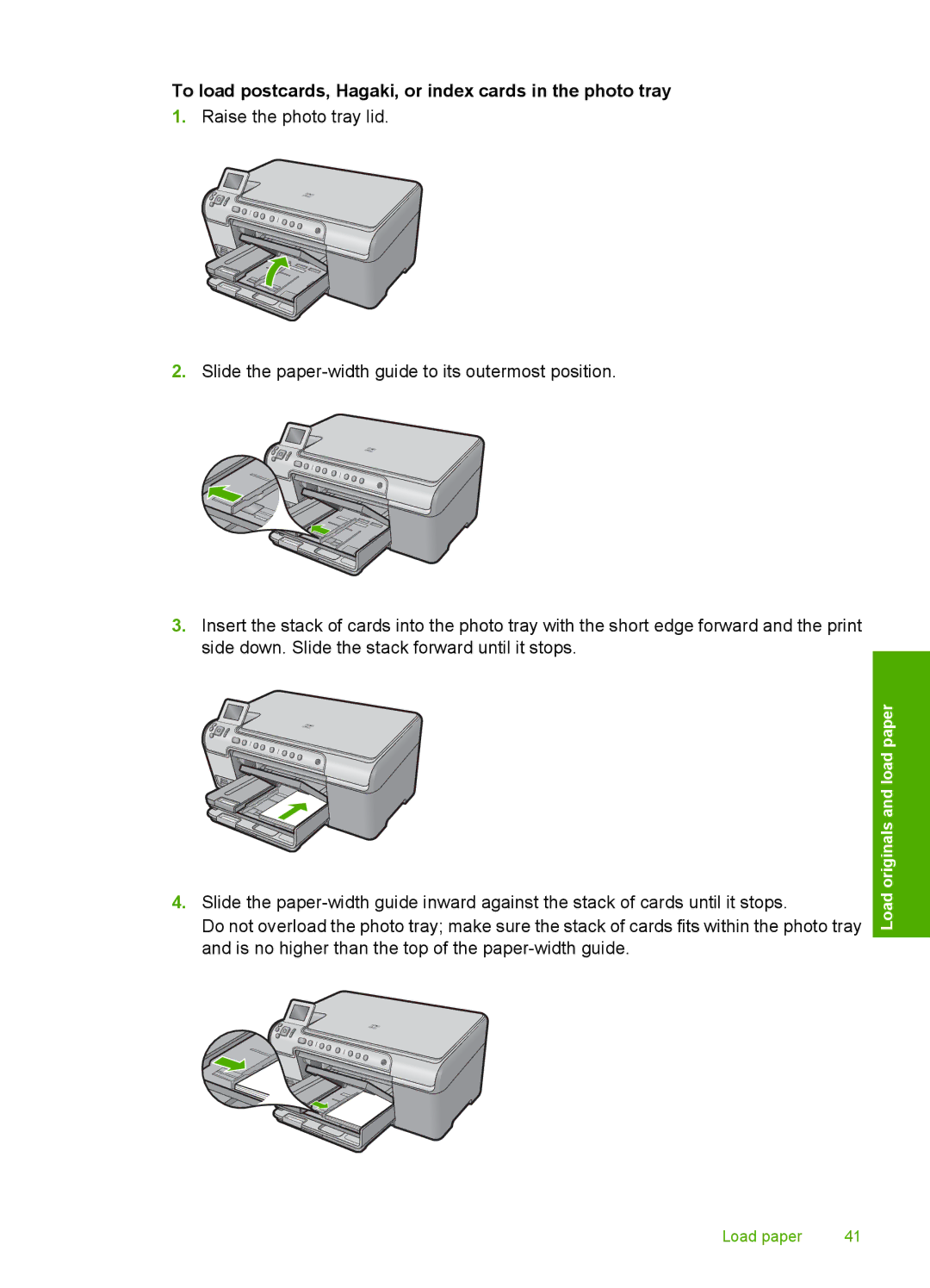 HP C5500 manual To load postcards, Hagaki, or index cards in the photo tray 