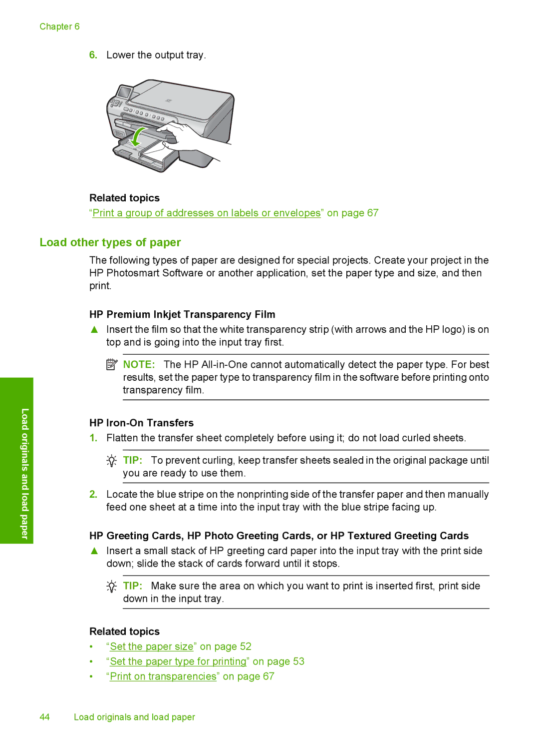 HP C5500 manual Load other types of paper, Related topics 