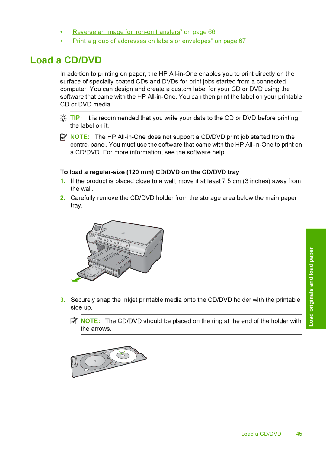 HP C5500 manual Load a CD/DVD, To load a regular-size 120 mm CD/DVD on the CD/DVD tray 