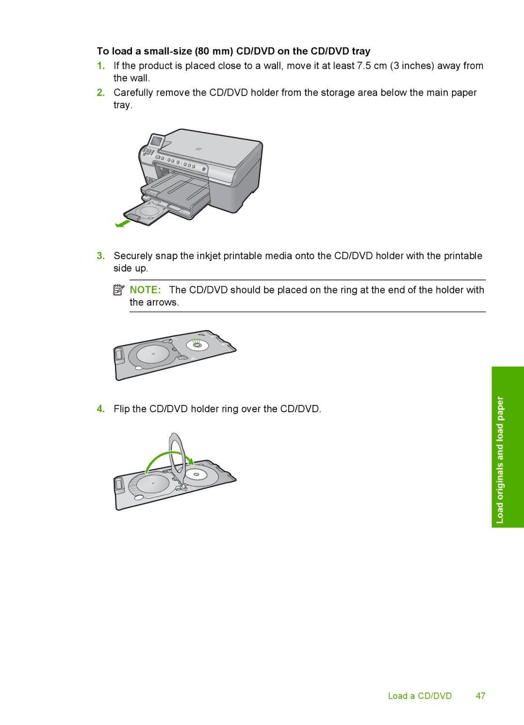 HP C5500 manual To load a small-size 80 mm CD/DVD on the CD/DVD tray 