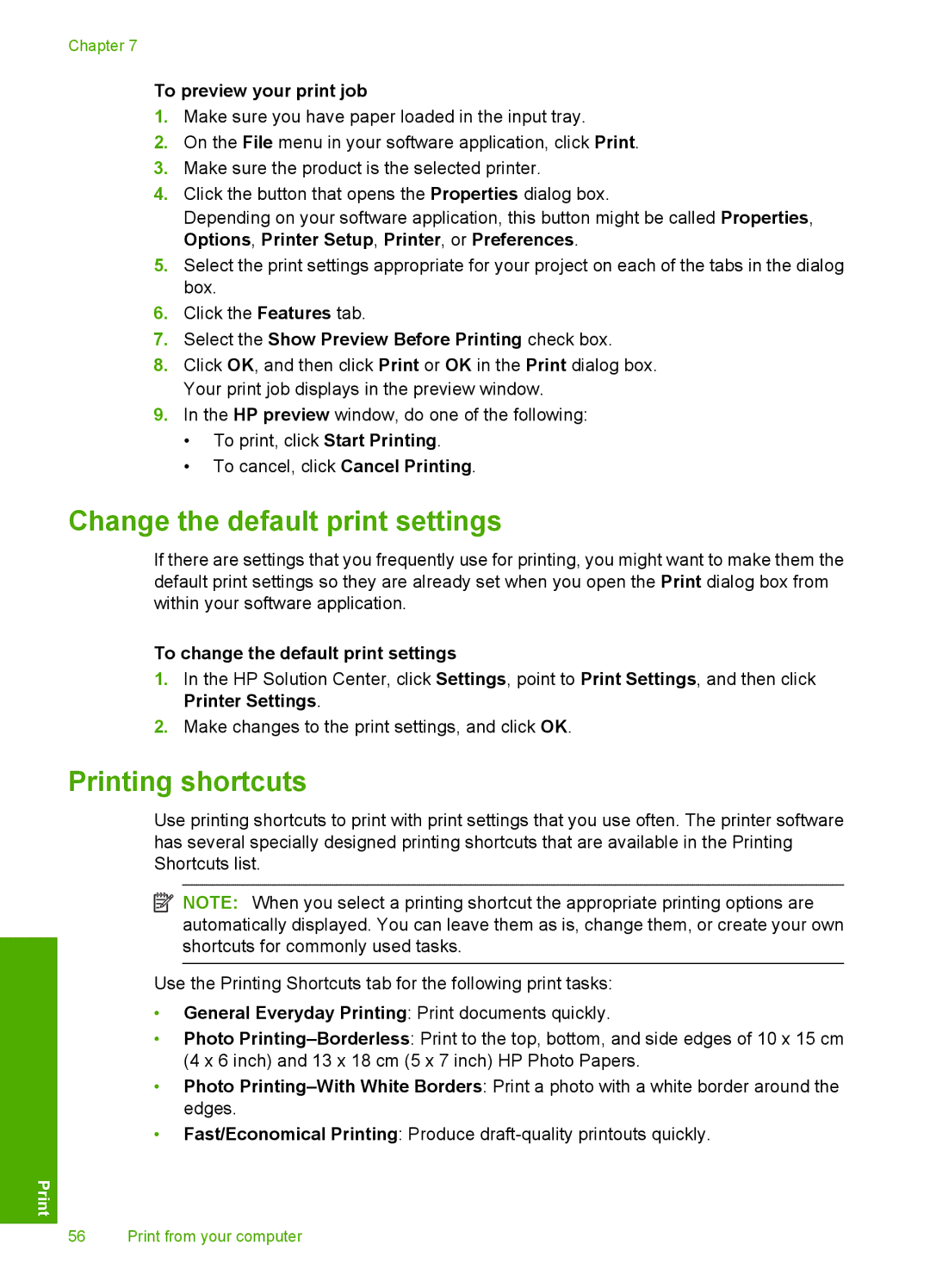 HP C5500 manual Change the default print settings, Printing shortcuts, To preview your print job 