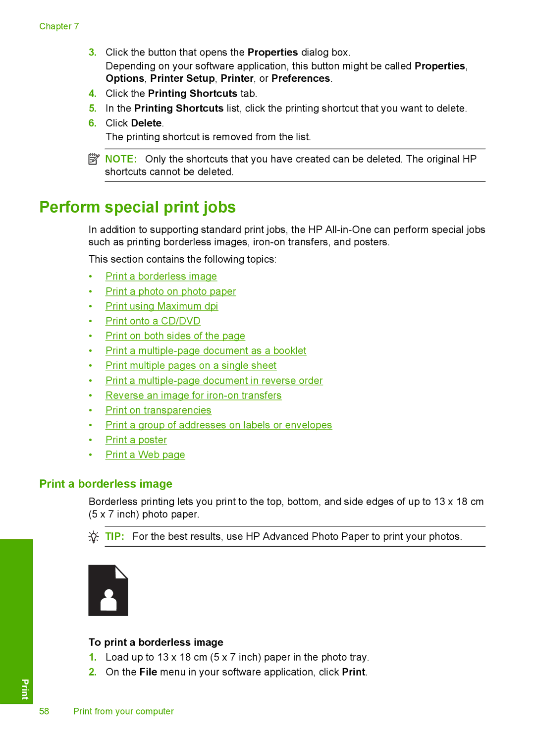 HP C5500 manual Perform special print jobs, Print a borderless image, To print a borderless image 