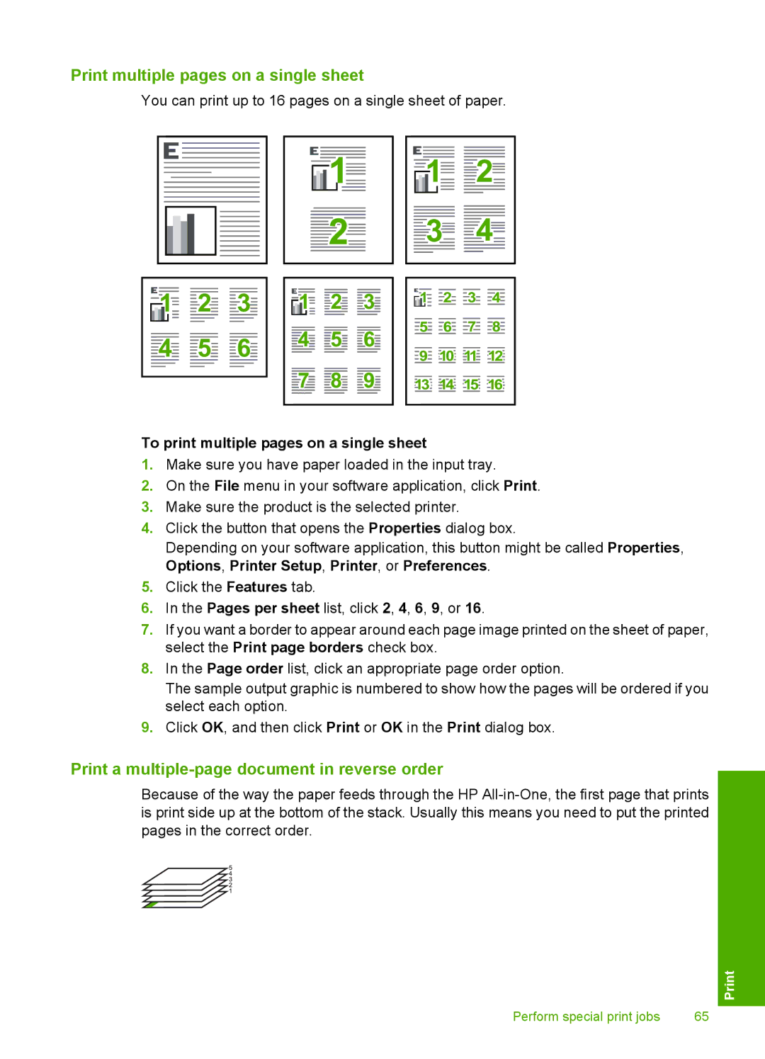 HP C5500 manual Print multiple pages on a single sheet, Print a multiple-page document in reverse order 