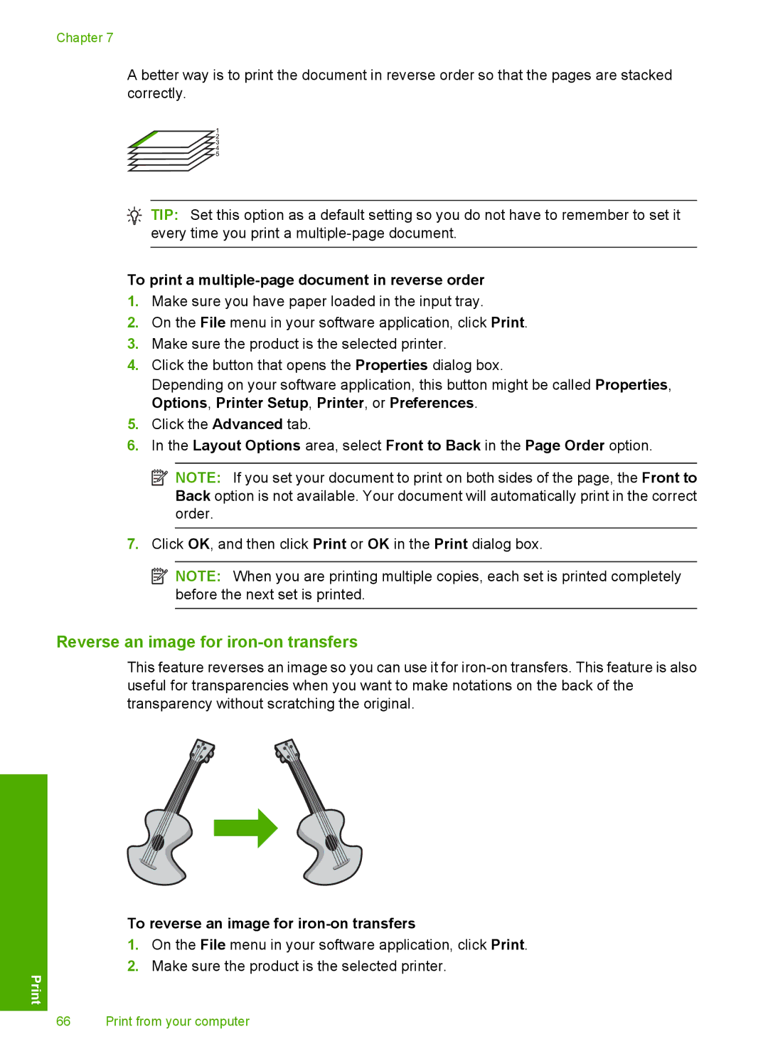 HP C5500 manual Reverse an image for iron-on transfers, To print a multiple-page document in reverse order 