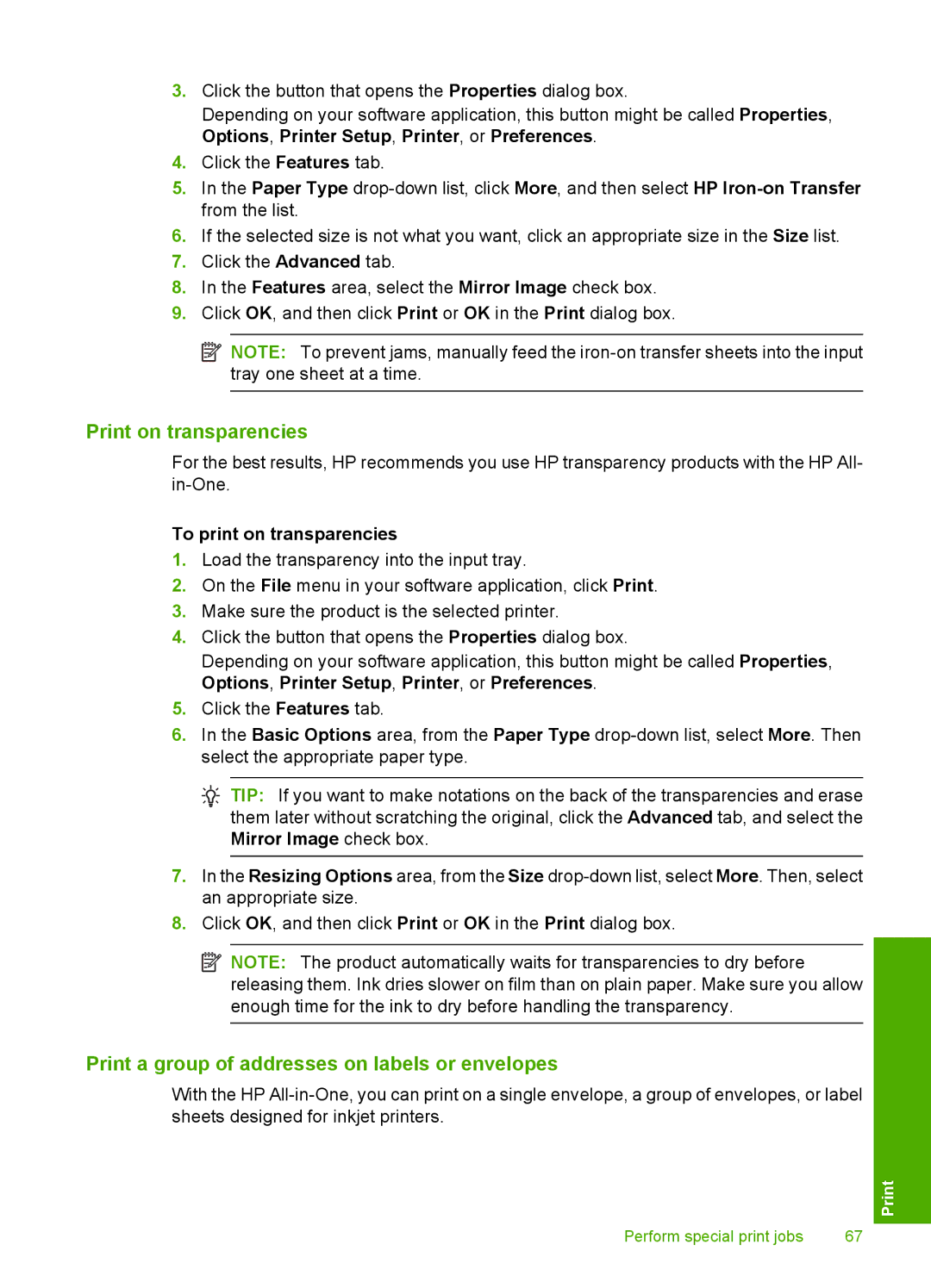 HP C5500 manual Print on transparencies, Print a group of addresses on labels or envelopes, To print on transparencies 