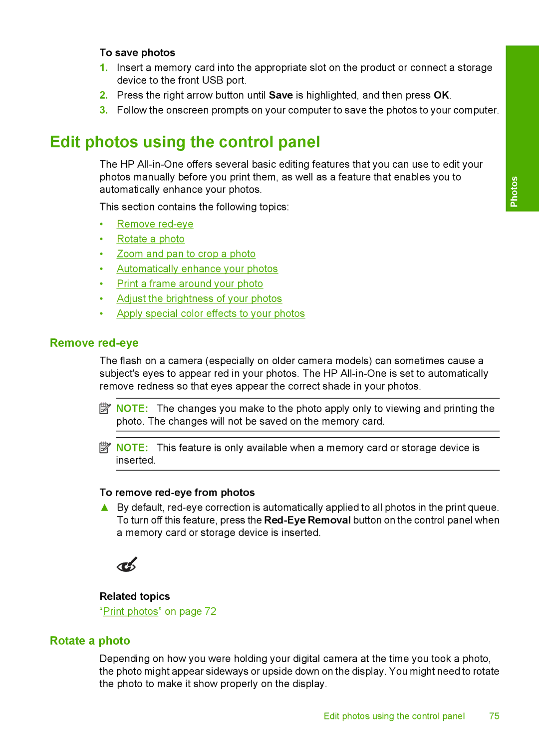 HP C5500 manual Edit photos using the control panel, Remove red-eye, Rotate a photo, To save photos 