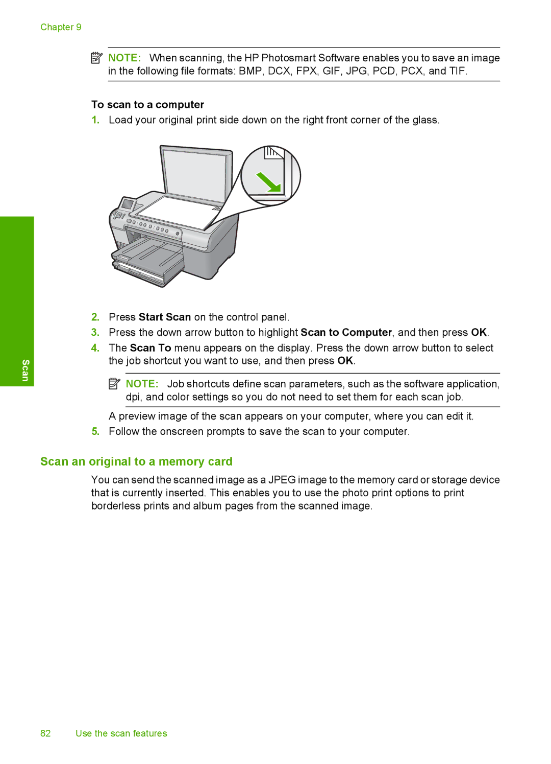 HP C5500 manual Scan an original to a memory card, To scan to a computer 