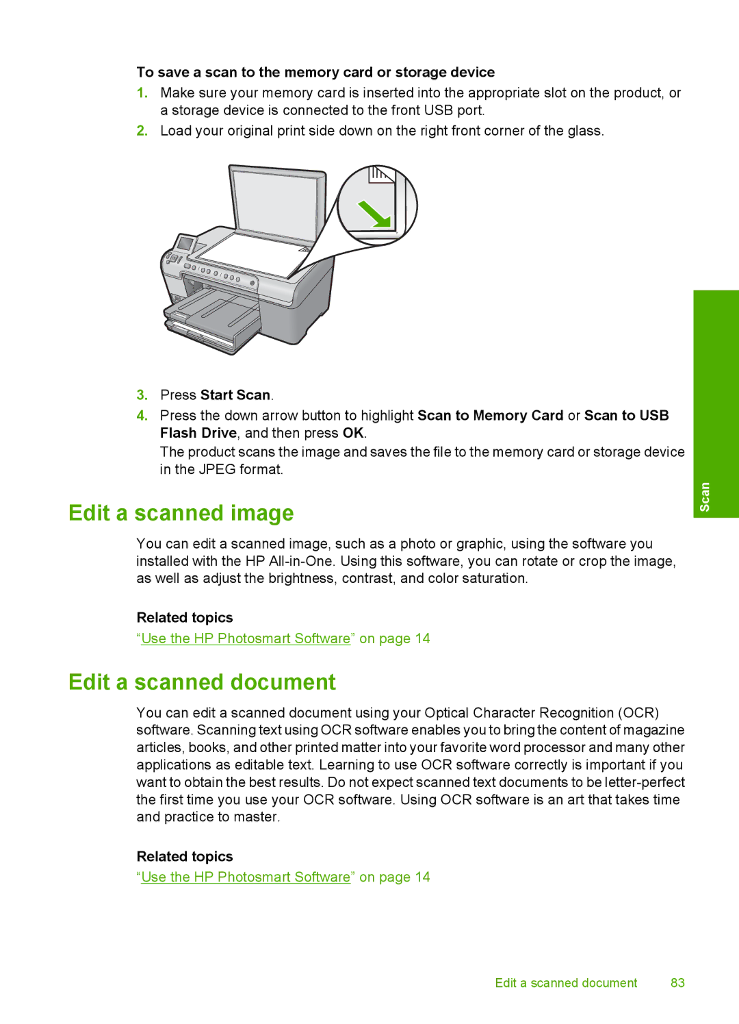 HP C5500 manual Edit a scanned image, Edit a scanned document, To save a scan to the memory card or storage device 