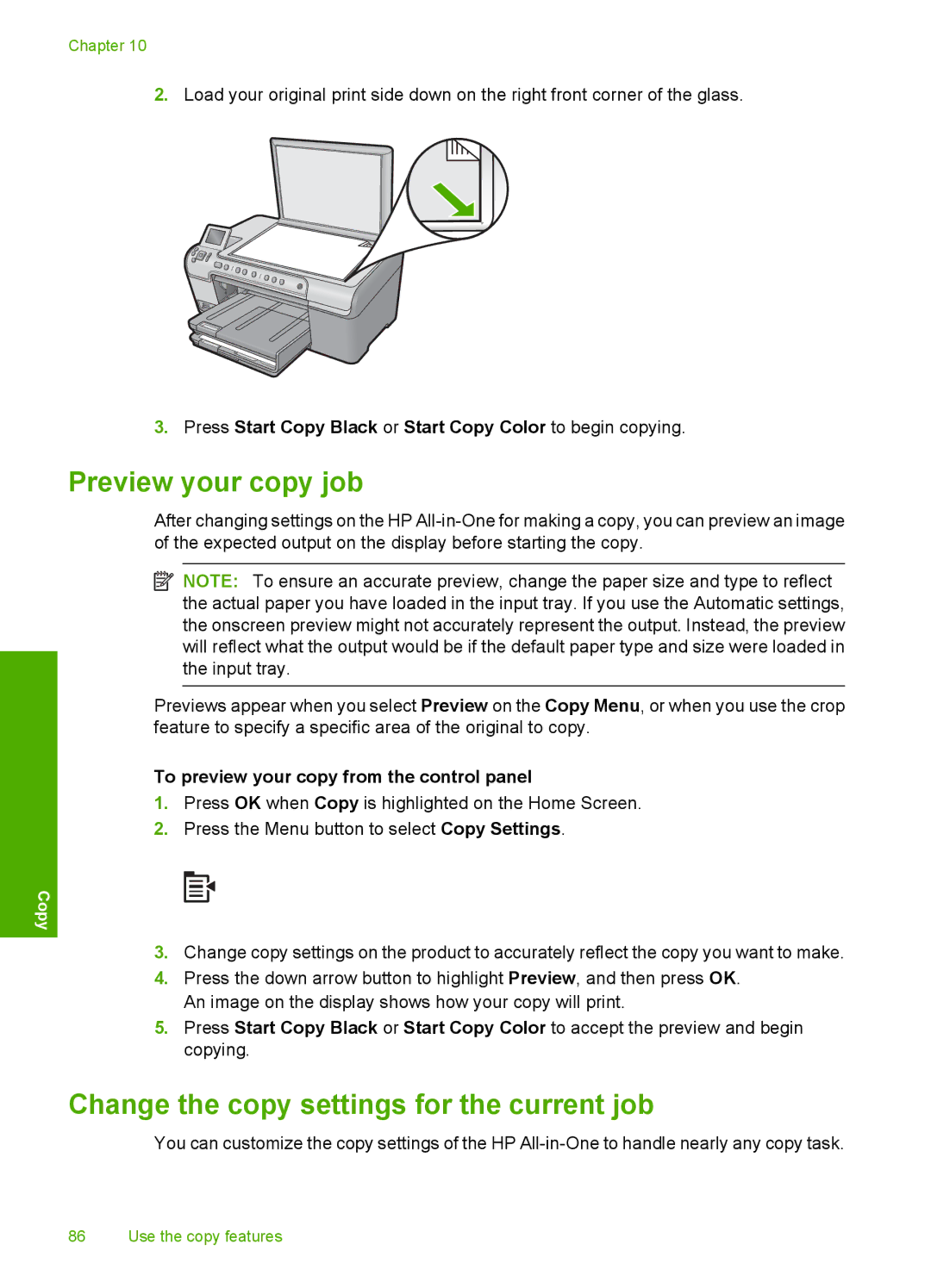 HP C5500 Preview your copy job, Change the copy settings for the current job, To preview your copy from the control panel 