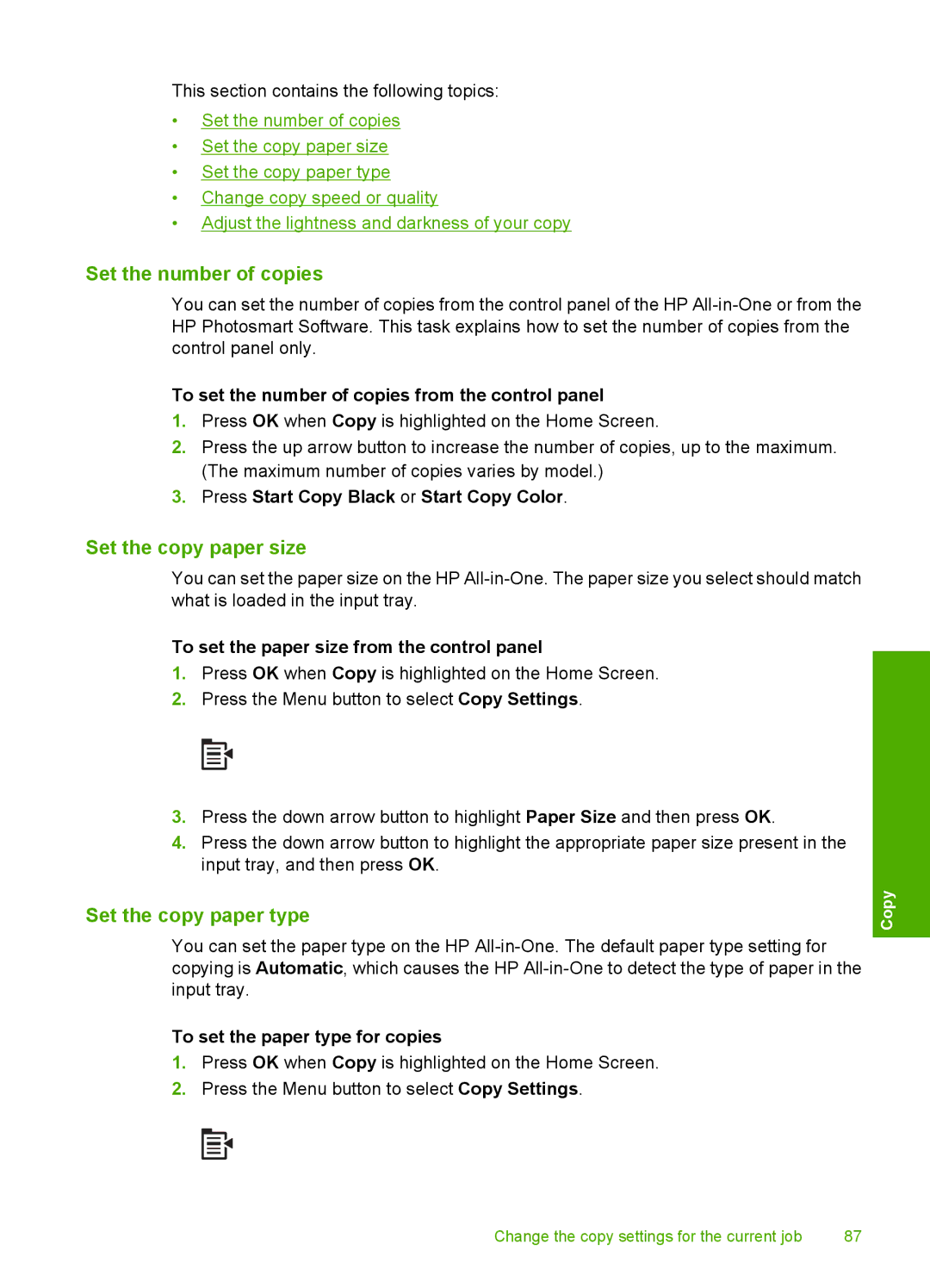 HP C5500 manual Set the number of copies, Set the copy paper size, Set the copy paper type 