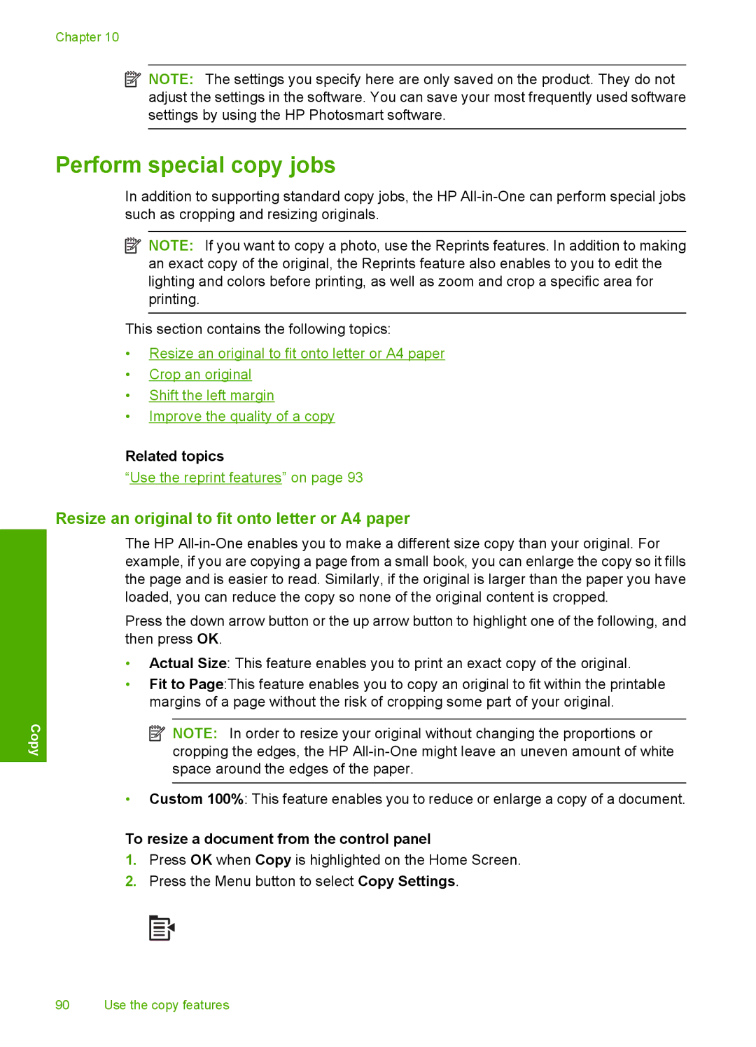 HP C5500 manual Perform special copy jobs, Resize an original to fit onto letter or A4 paper 